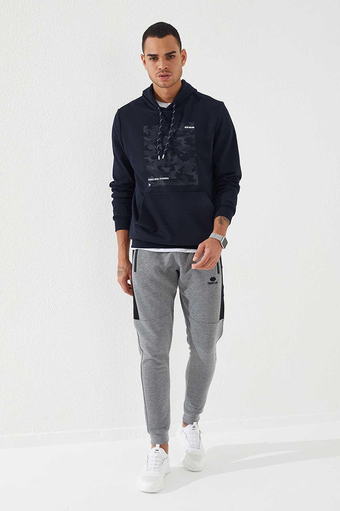 Lacivert Kamuflaj Desen Baskılı Standart Kalıp Kapüşonlu Erkek Sweatshirt - 87884 | XXL