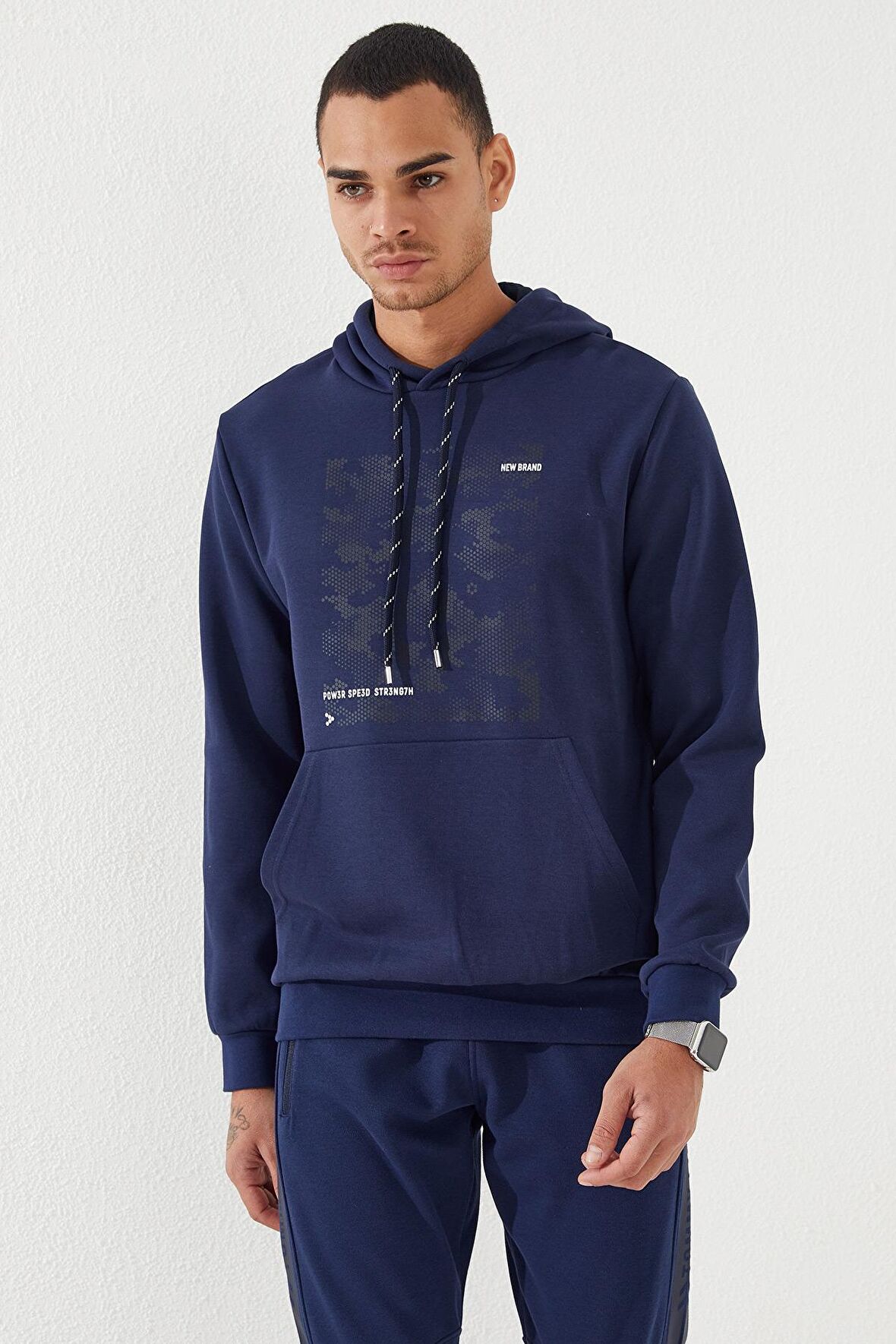 İndigo Kamuflaj Desen Baskılı Standart Kalıp Kapüşonlu Erkek Sweatshirt - 87884 | S