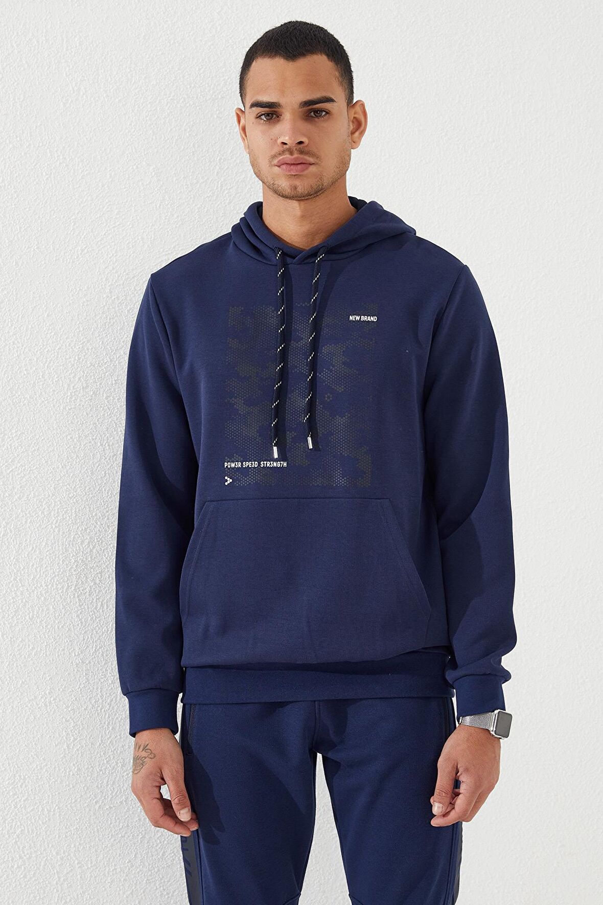 İndigo Kamuflaj Desen Baskılı Standart Kalıp Kapüşonlu Erkek Sweatshirt - 87884 | XXL