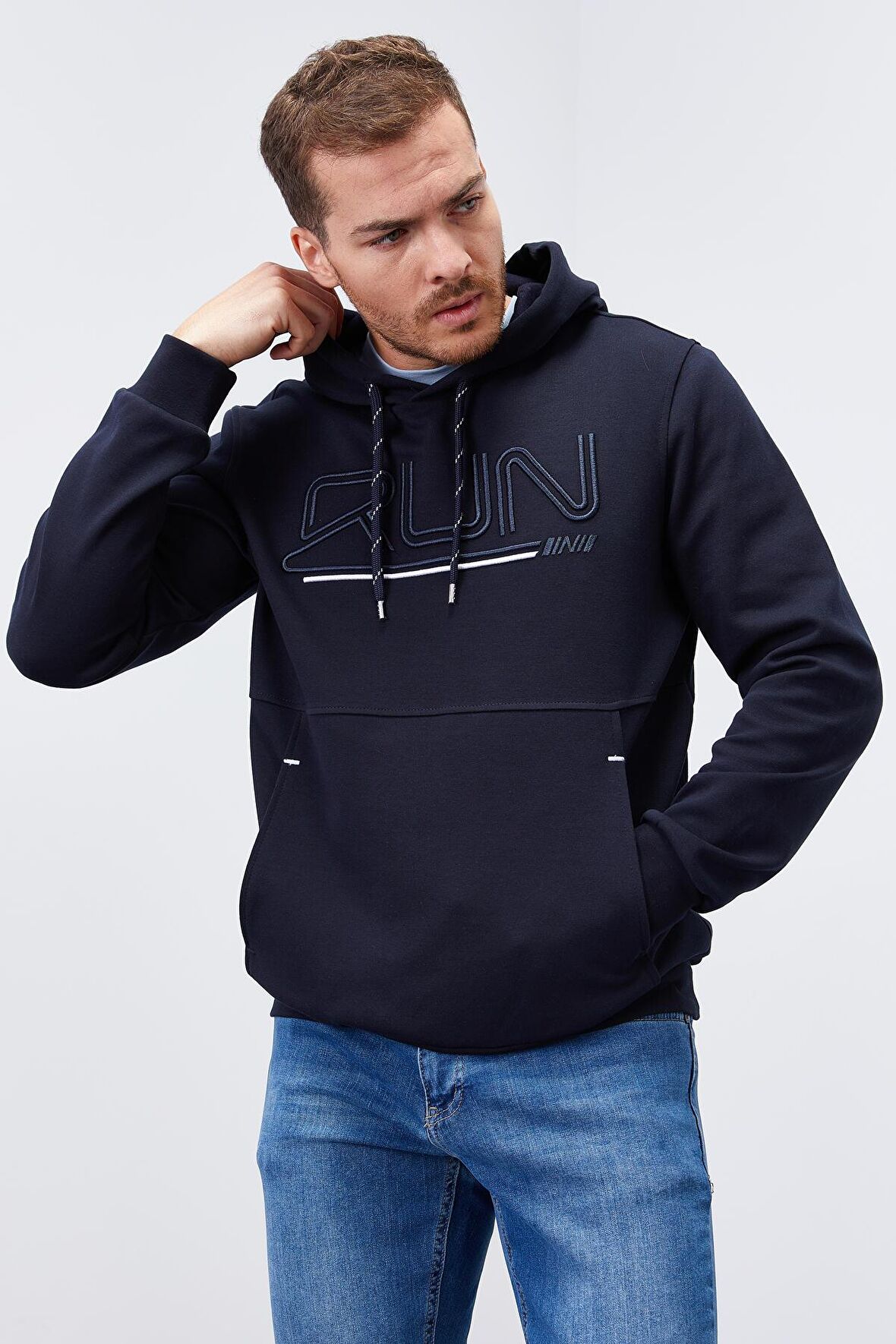 Lacivert Yazı Nakışlı Standart Kalıp Kapüşonlu Erkek Sweatshirt - 87887 | XXL