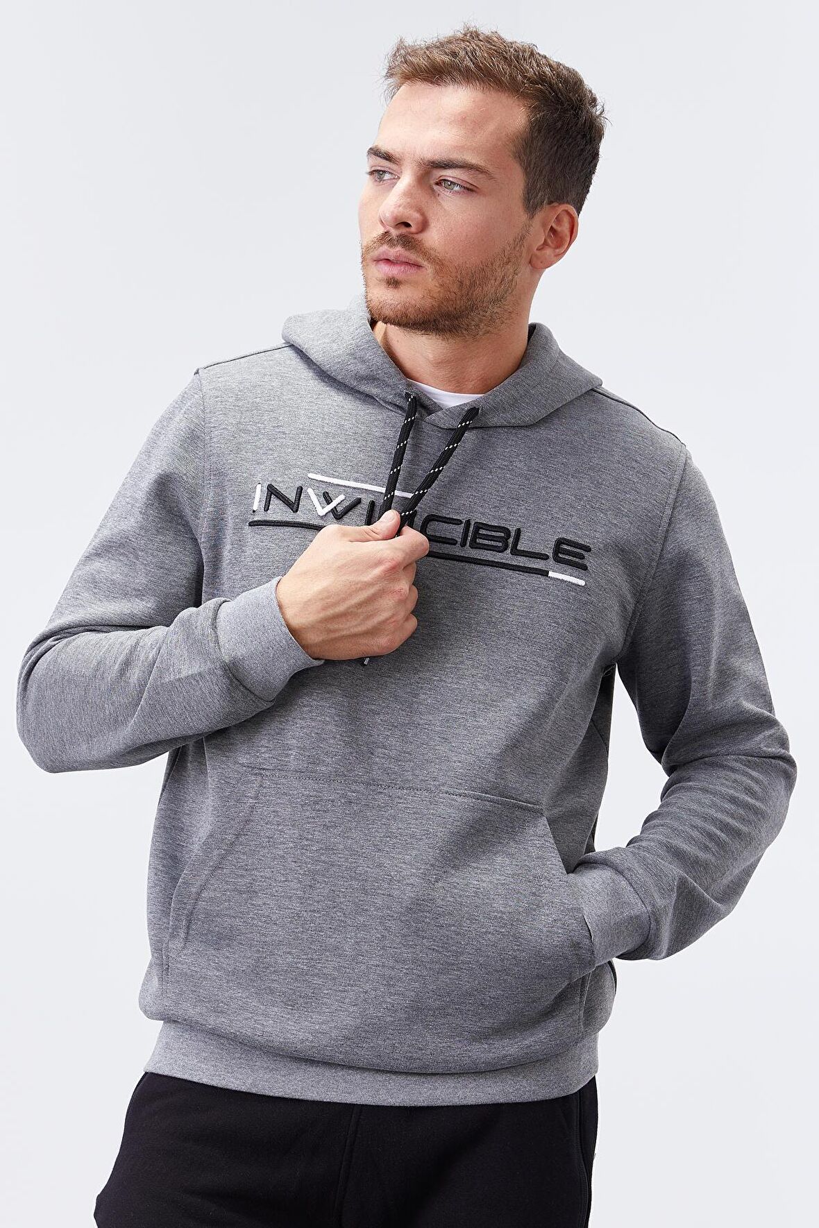 Gri Melanj Kanguru Cep Standart Kalıp Kapüşonlu Erkek Sweatshirt - 87883 | S