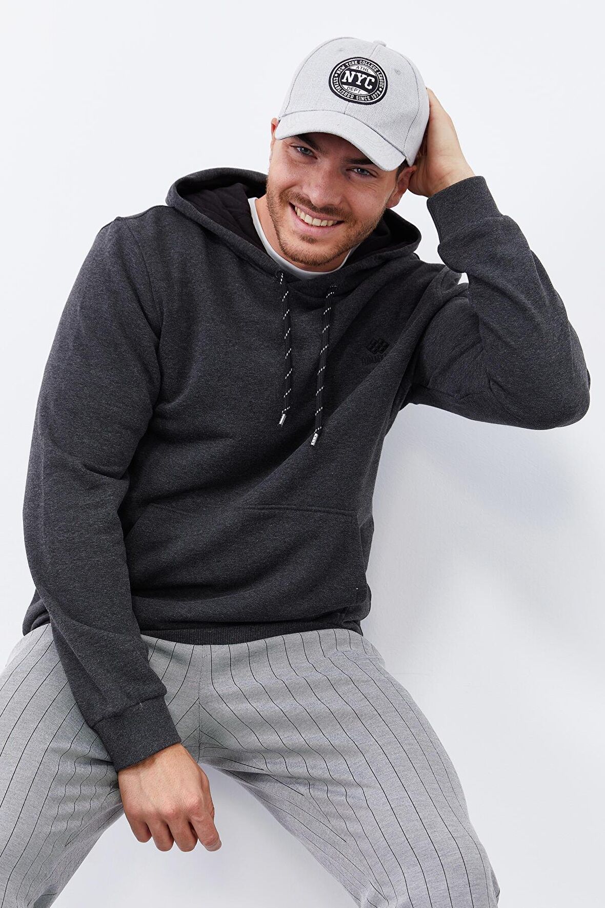 Antrasit Melanj Kanguru Cep Standart Kalıp Kapüşonlu Erkek Sweatshirt - 87872 | S
