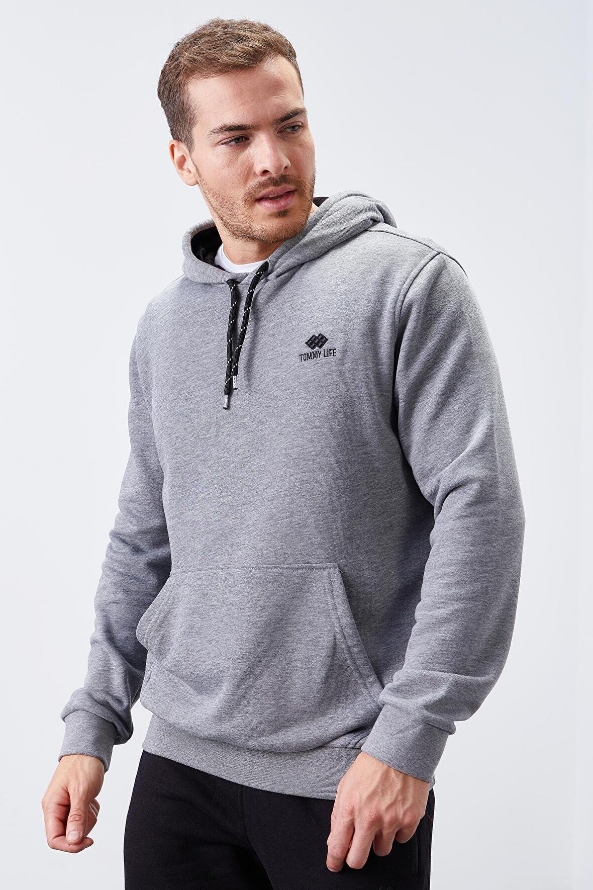 Gri Melanj Kanguru Cep Standart Kalıp Kapüşonlu Erkek Sweatshirt - 87872 | XXL