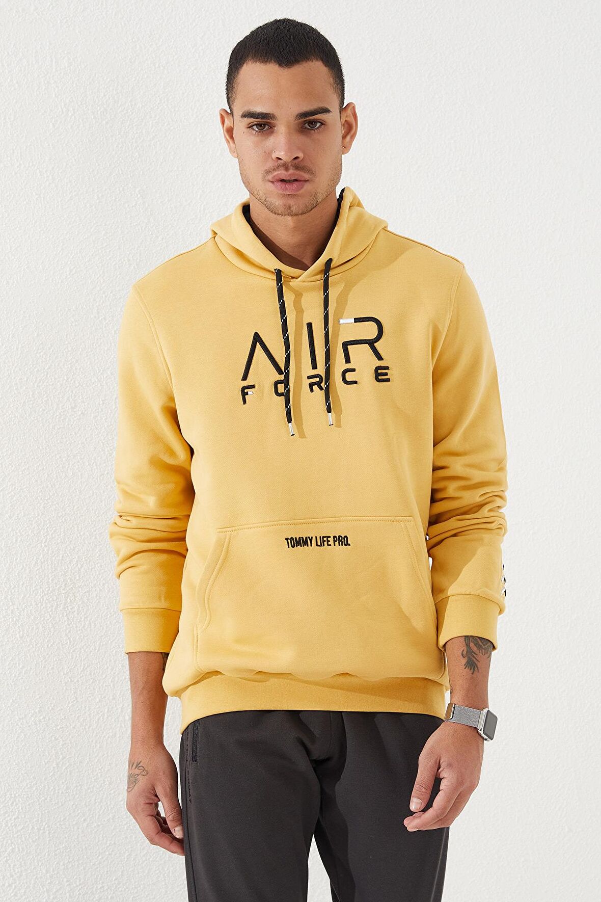 Hardal Nakışlı Kanguru Cep Standart Kalıp Kapüşonlu Erkek Sweatshirt - 87839 | L