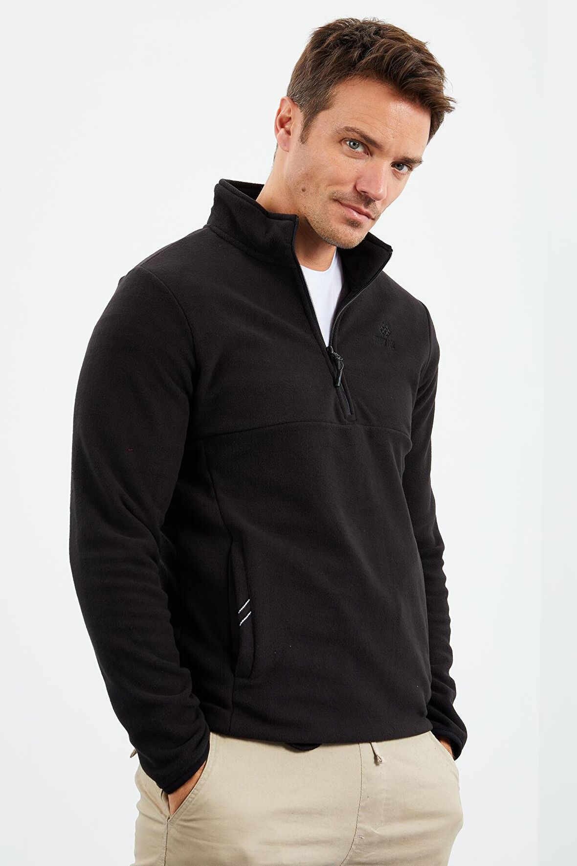 Siyah Yarım Fermuarlı Sweatshirt Slim Fit Dik Yaka Erkek Polar - 87891 | S