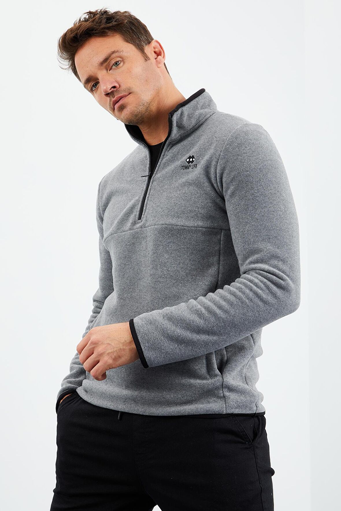 Gri Melanj Yarım Fermuarlı Sweatshirt Slim Fit Dik Yaka Erkek Polar - 87891 | M