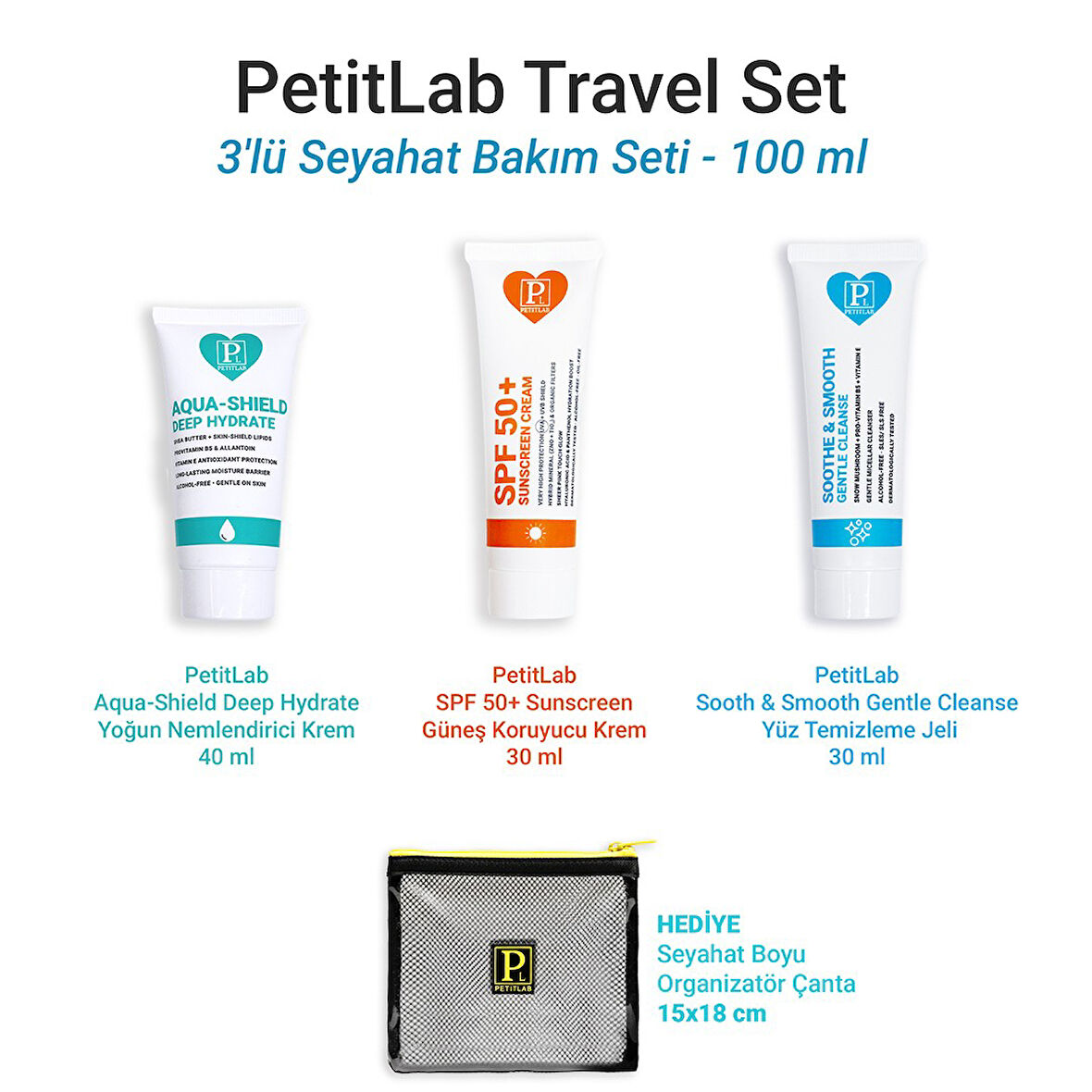 PetitLab Travel Set 3'lü Seyahat Bakım Seti *Organizatör Çanta Hediyeli 