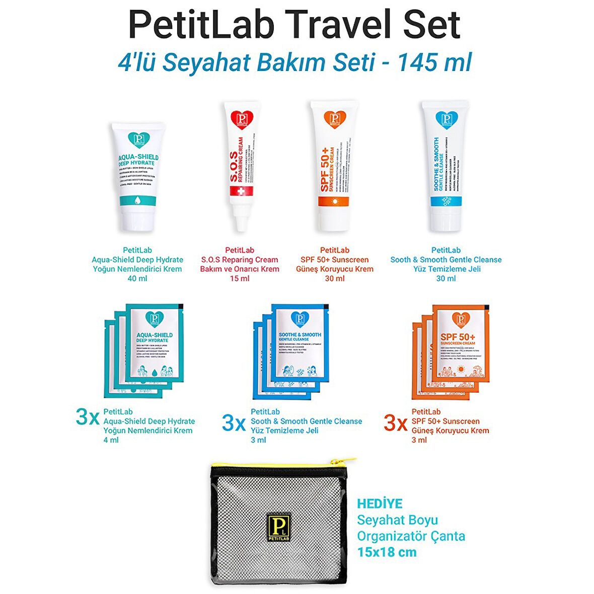 PetitLab Travel Set 4'lü Tüp + 9 Şase Seyahat Bakım Seti *Organizatör Çanta Hediyeli 