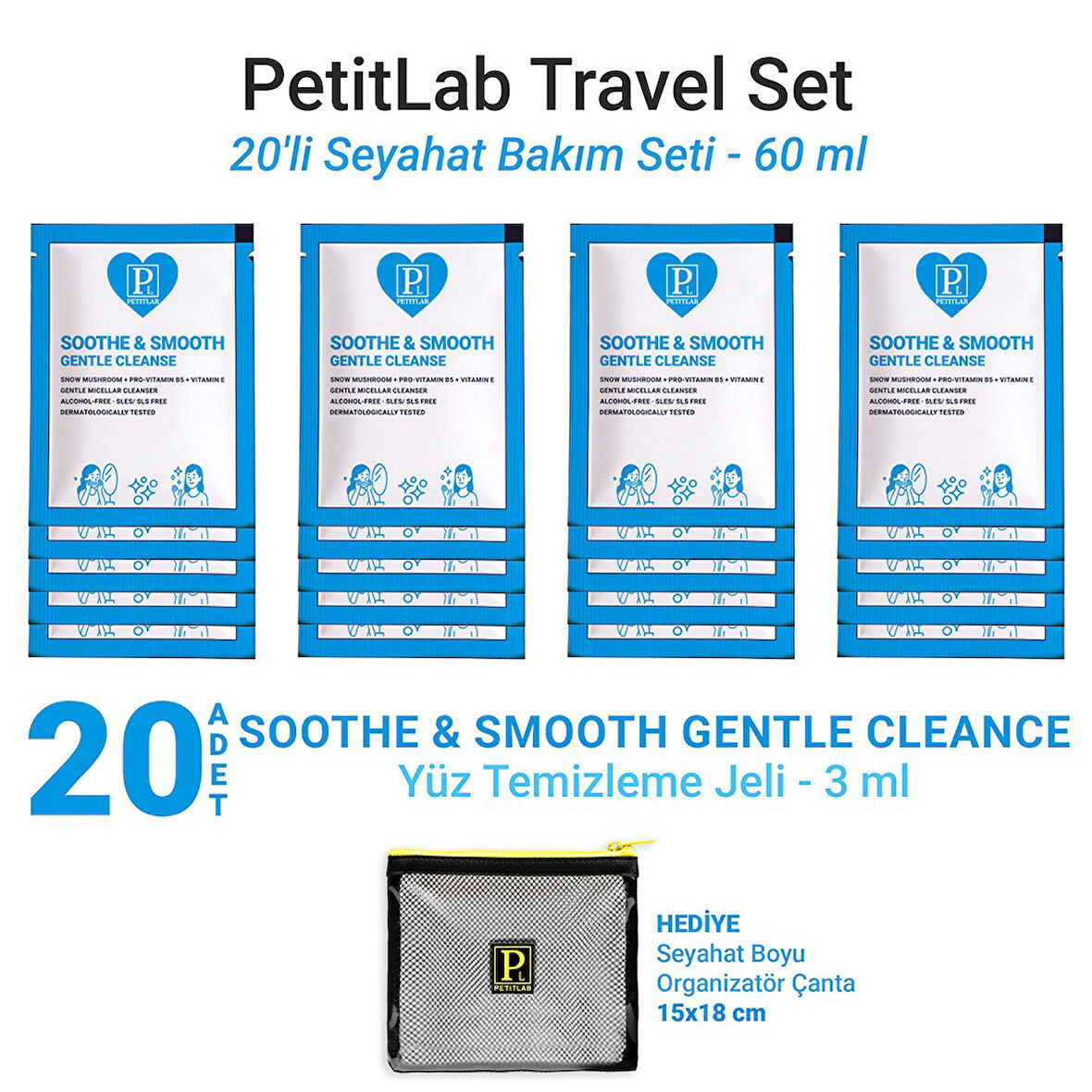 PetitLab Travel Set 20'li Şase Yüz Temizleme Jeli *Organizatör Çanta Hediyeli 