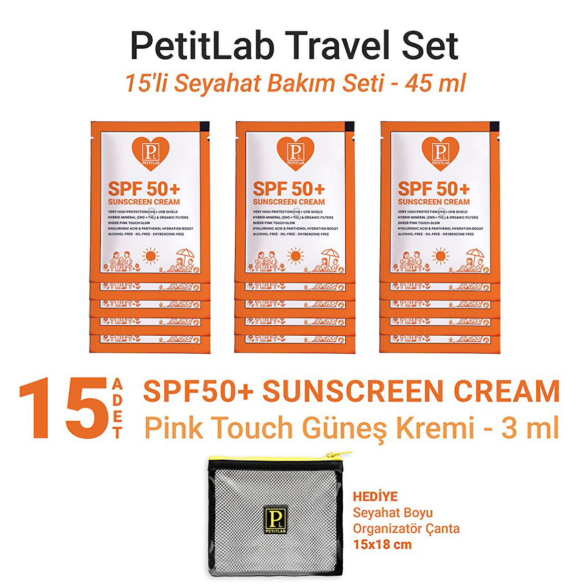 PetitLab Travel Set 15'li Şase Güneş Kremi *Organizatör Çanta Hediyeli 