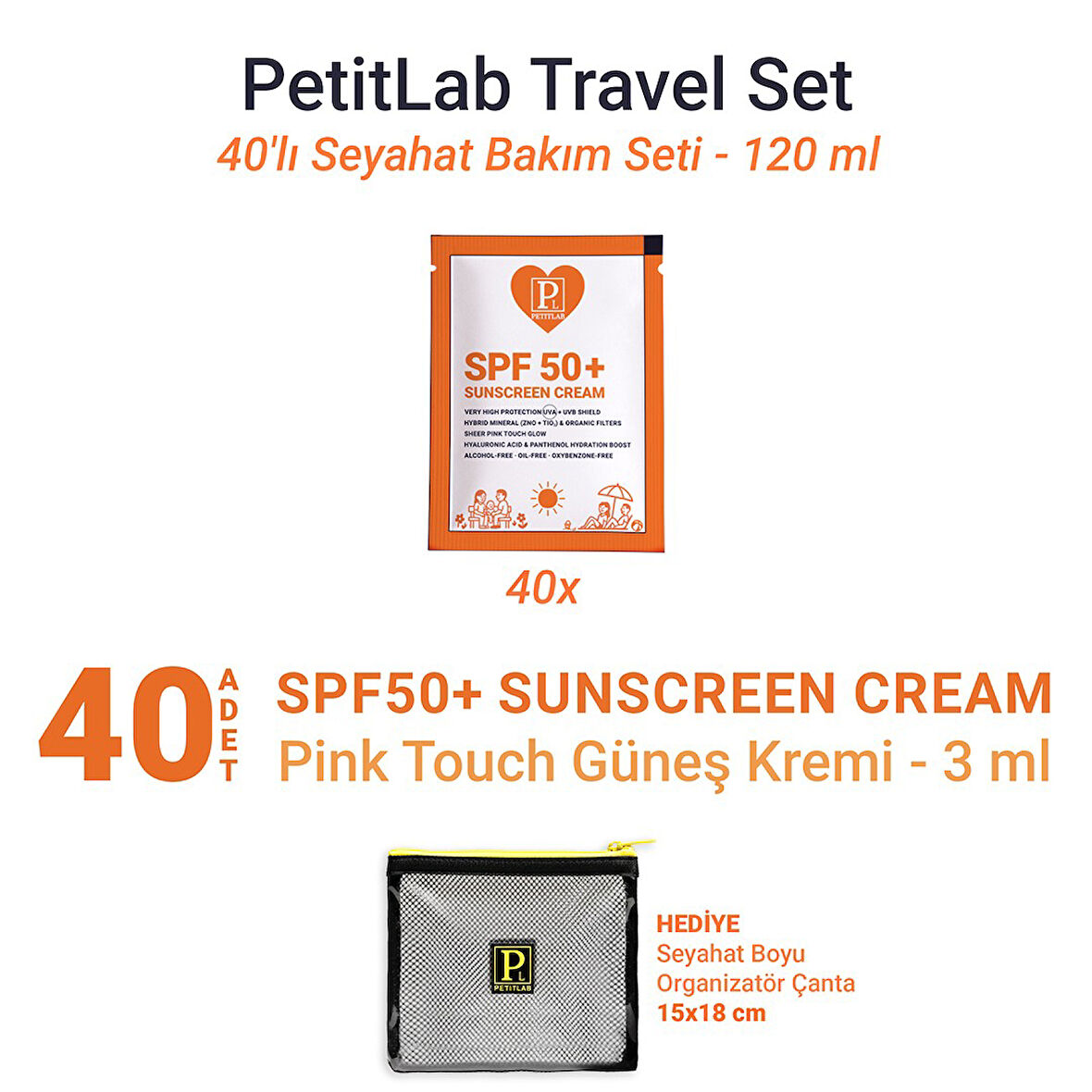 PetitLab Travel Set 40'lı Şase SPF50+ Güneş Kremi *Organizatör Çanta Hediyeli 