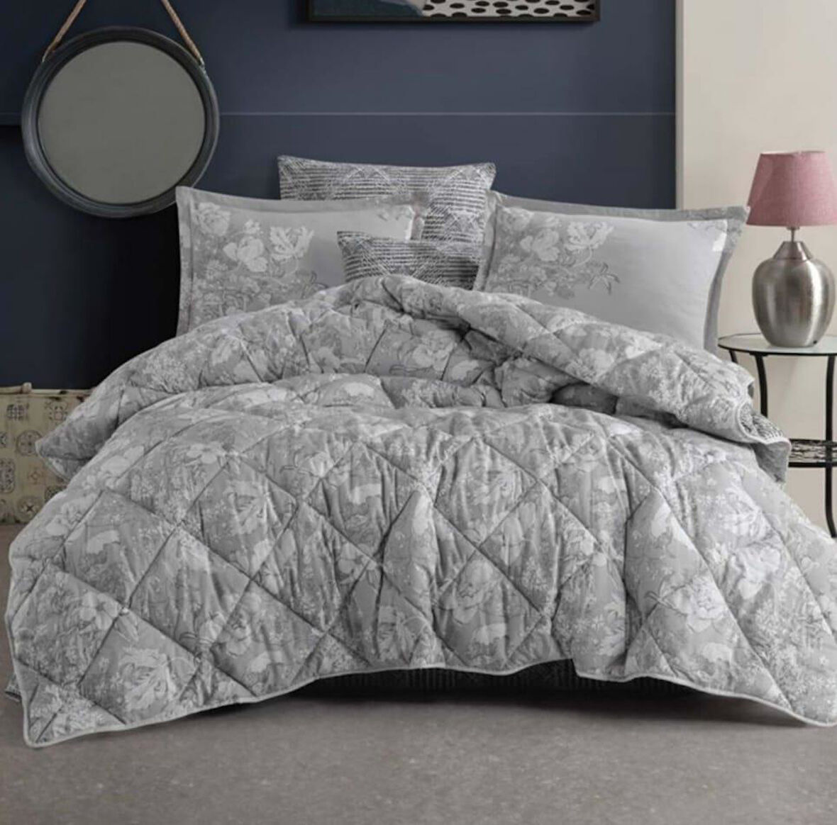 Clasy %100 Pamuk Ranforce Çift Kişilik Silikon Yorgan 195 x 215 Destin v1 Gri