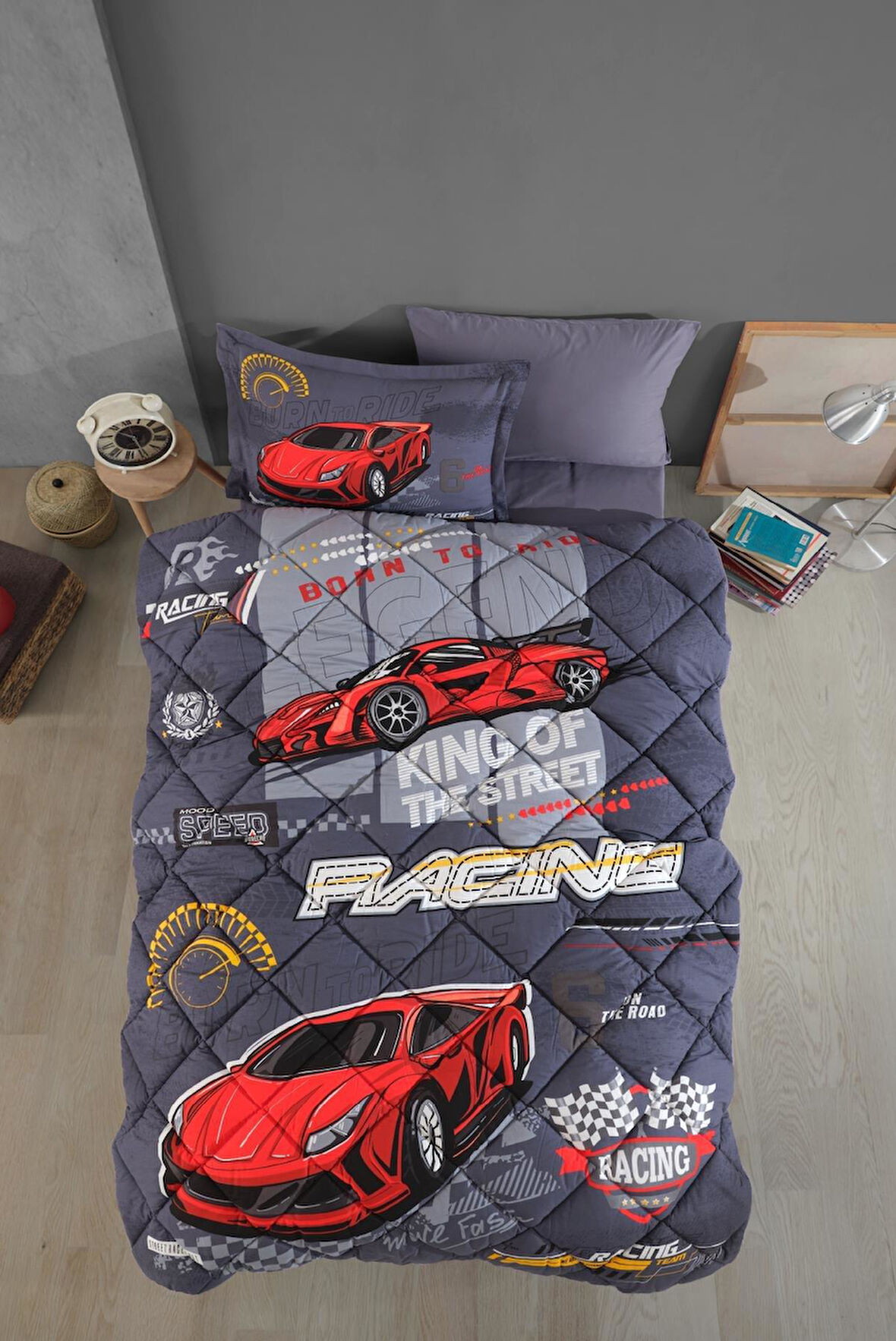 Clasy Ranforce %100 Pamuk Tek Kişilik Uyku Seti (Lastikli Çarşaflı) Racing Team