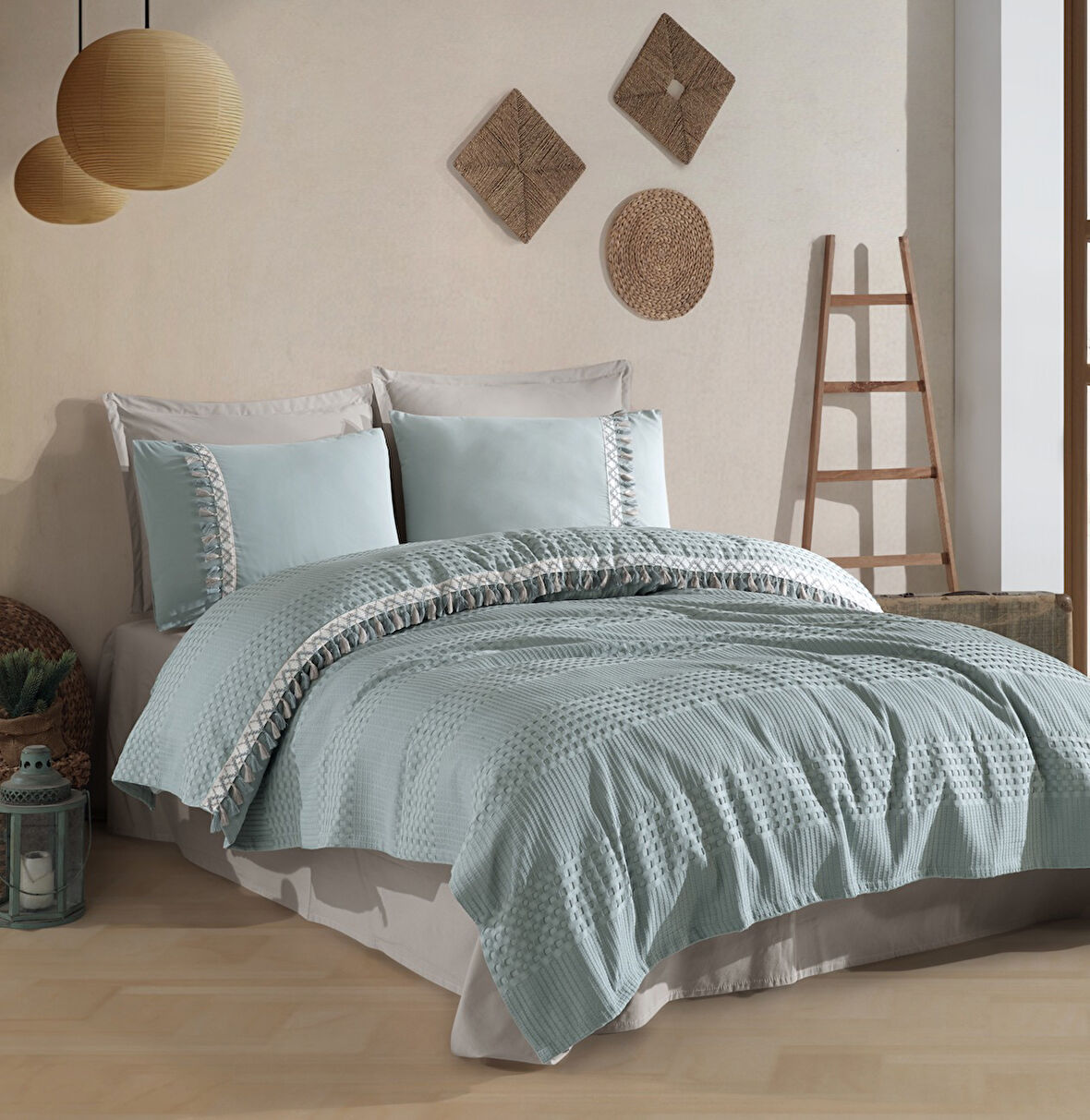 Butik Tek Kişilik Püsküllü Pike Takımı Bohamline V9 Mint