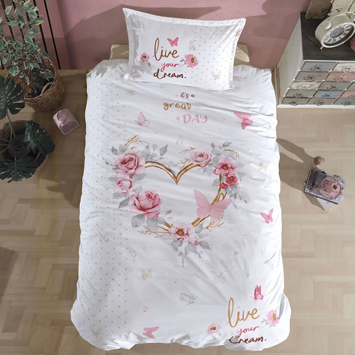 Clasy Ranforce %100 Pamuk Tek Kişilik Nevresim Dream V1 Bej