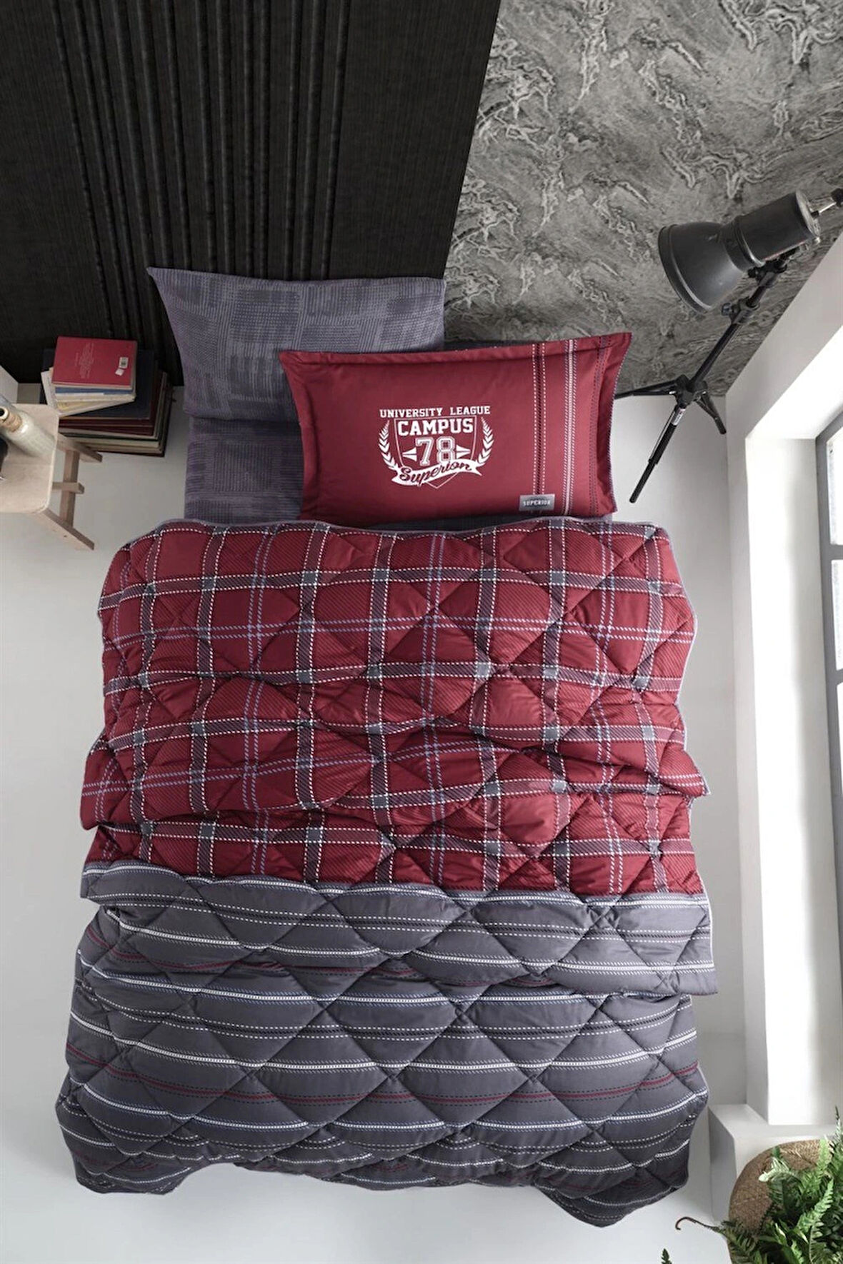 Clasy Ranforce %100 Pamuk Tek Kişilik Yorgan Seti Campus V1 Bordo