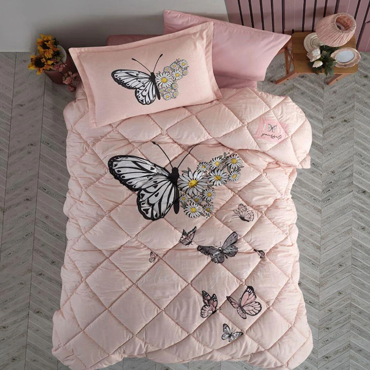 Clasy Ranforce %100 Pamuk Tek Kişilik Yorgan Seti Daisy Love V2 Somon