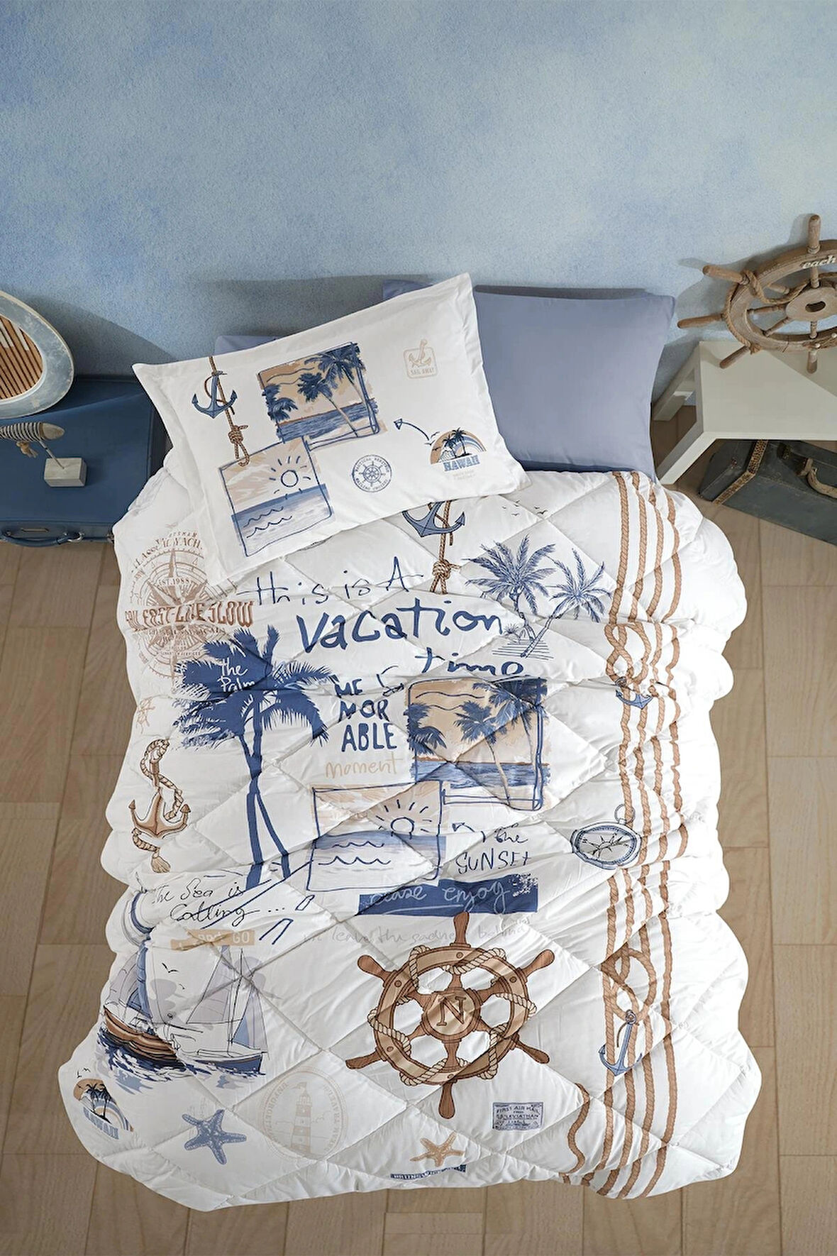 Clasy Ranforce %100 Pamuk Tek Kişilik Yorgan Seti Hawaii V1 Mavi