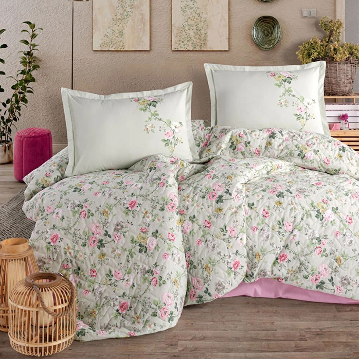 Clasy Ranforce %100 Pamuk Çift Kişilik Dört Mevsim Set Elara V1 Adaçayı Rengi