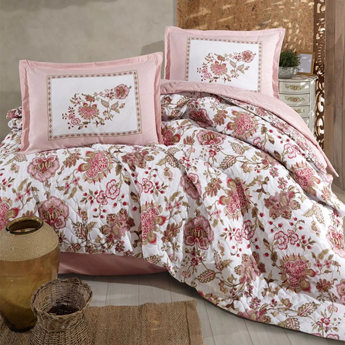 Clasy Ranforce %100 Pamuk Çift Kişilik Dört Mevsim Set Omeya V1 Pudra