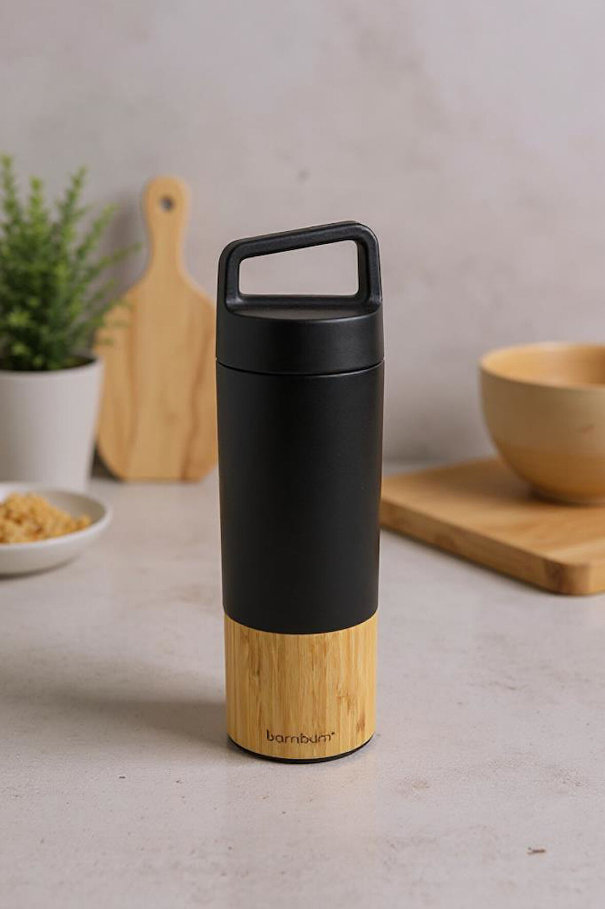 Bambum Janna - Bambu Desenli El Termosu Siyah 600ml