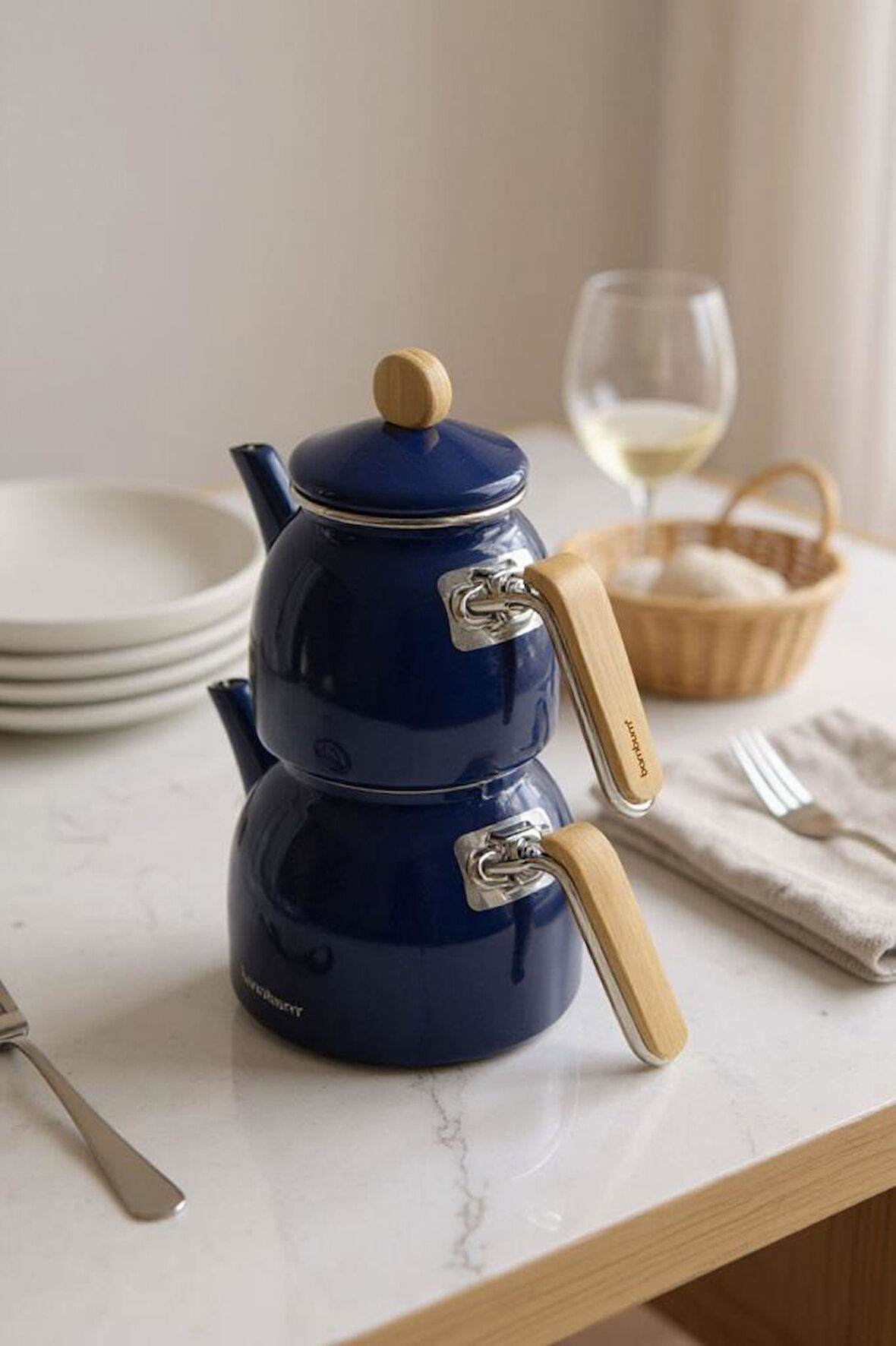 Sultan - Bambu Kulplu Çaydanlık Takımı Lacivert