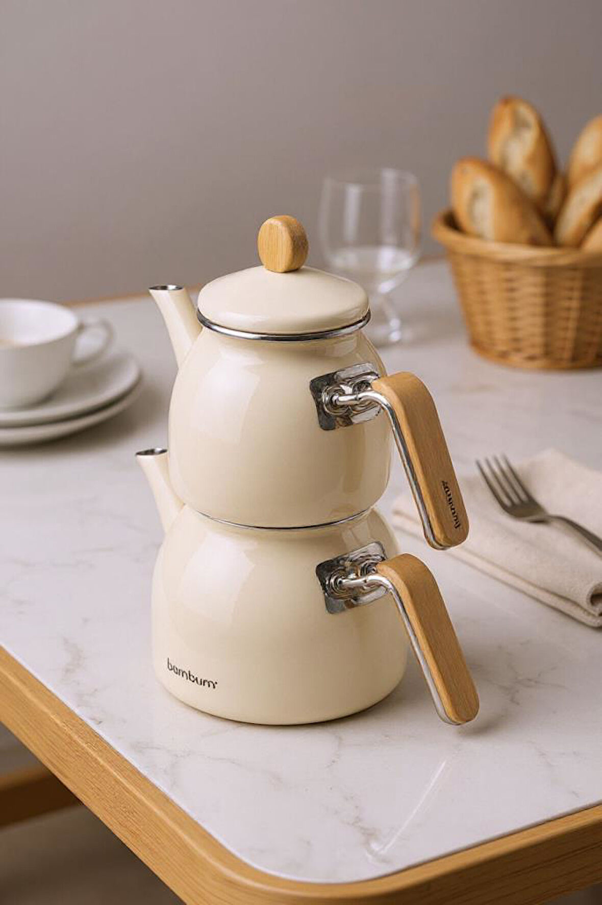 Sultan - Bambu Kulplu Çaydanlık Takımı Krem