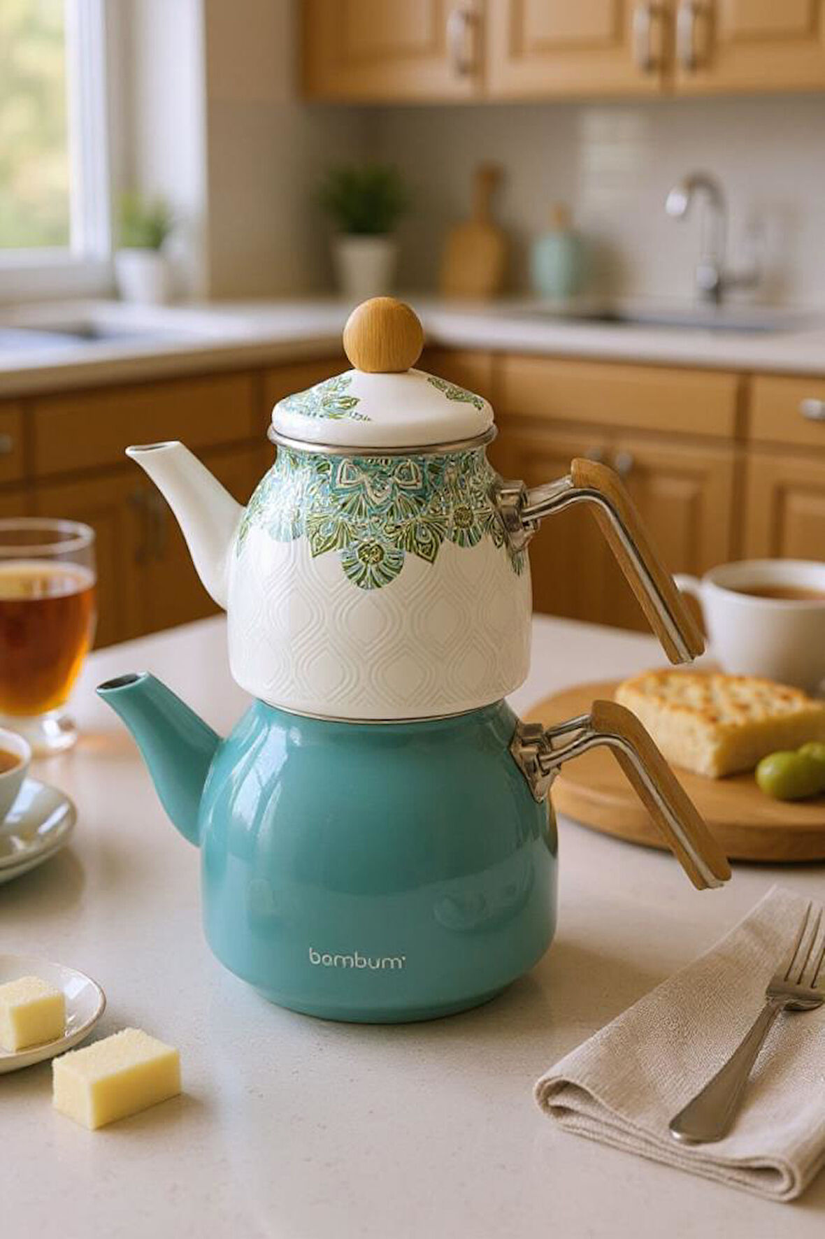 Bambum Unique - Bambu Kulplu Çaydanlık Takımı Turkuaz