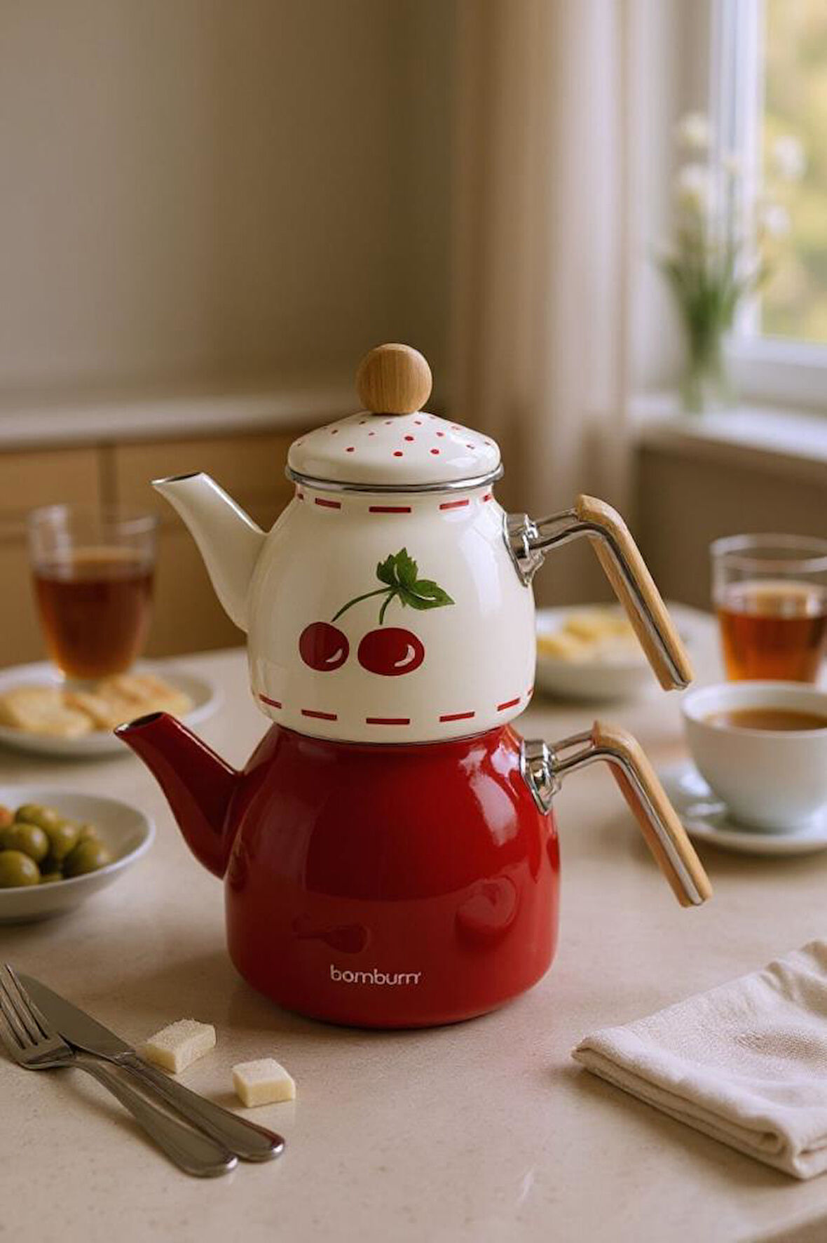 Bambum Unique - Bambu Kulplu Çaydanlık Takımı Cherry