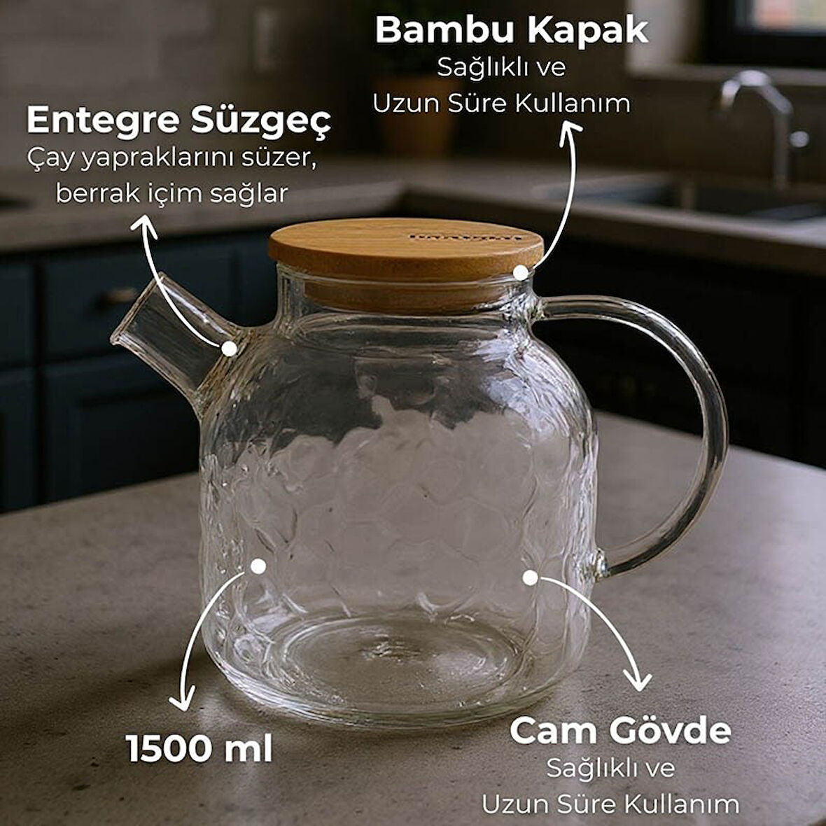 Bambum Juliet Bambu Kapaklı Cam Demlik 1500ml