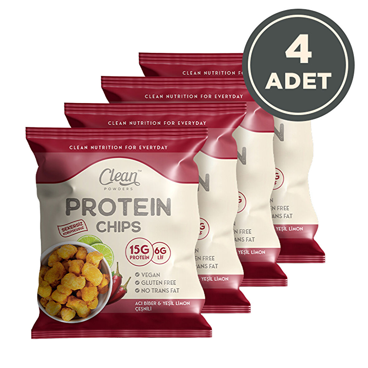 Clean Powders Protein Chips 50 Gr Acı Biber Yeşil Limon 4 Adet - ACI BİBER - YEŞİL LİMON