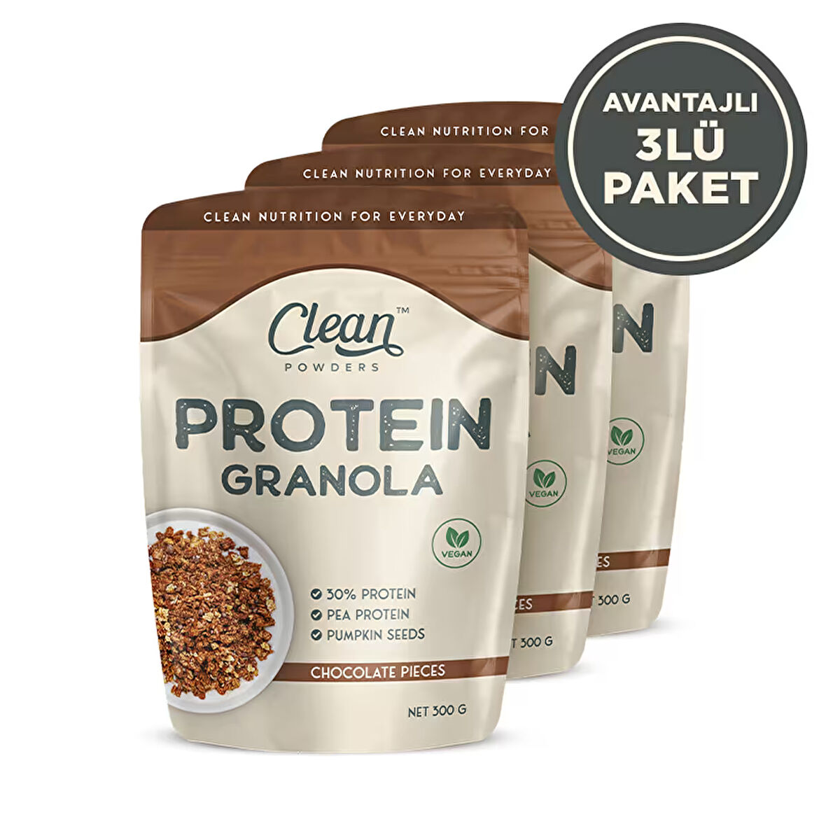 Clean Powders Protein Granola 300 Gr Çikolata Parçacıklı 3 Adet - ÇİKOLATA PARÇACIKLI