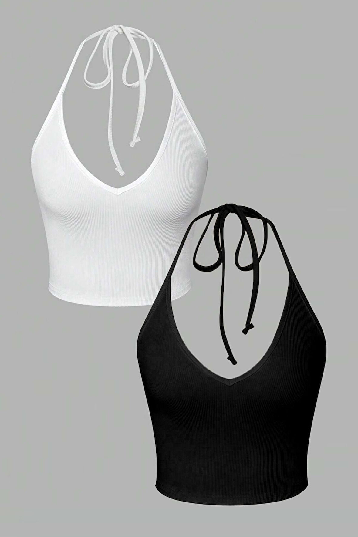 2 Li Paket V Yaka Siyah Beyaz Renk Desensiz Fitilli Kolsuz Boyun Askılı Likralı Fit Crop Top Bluz