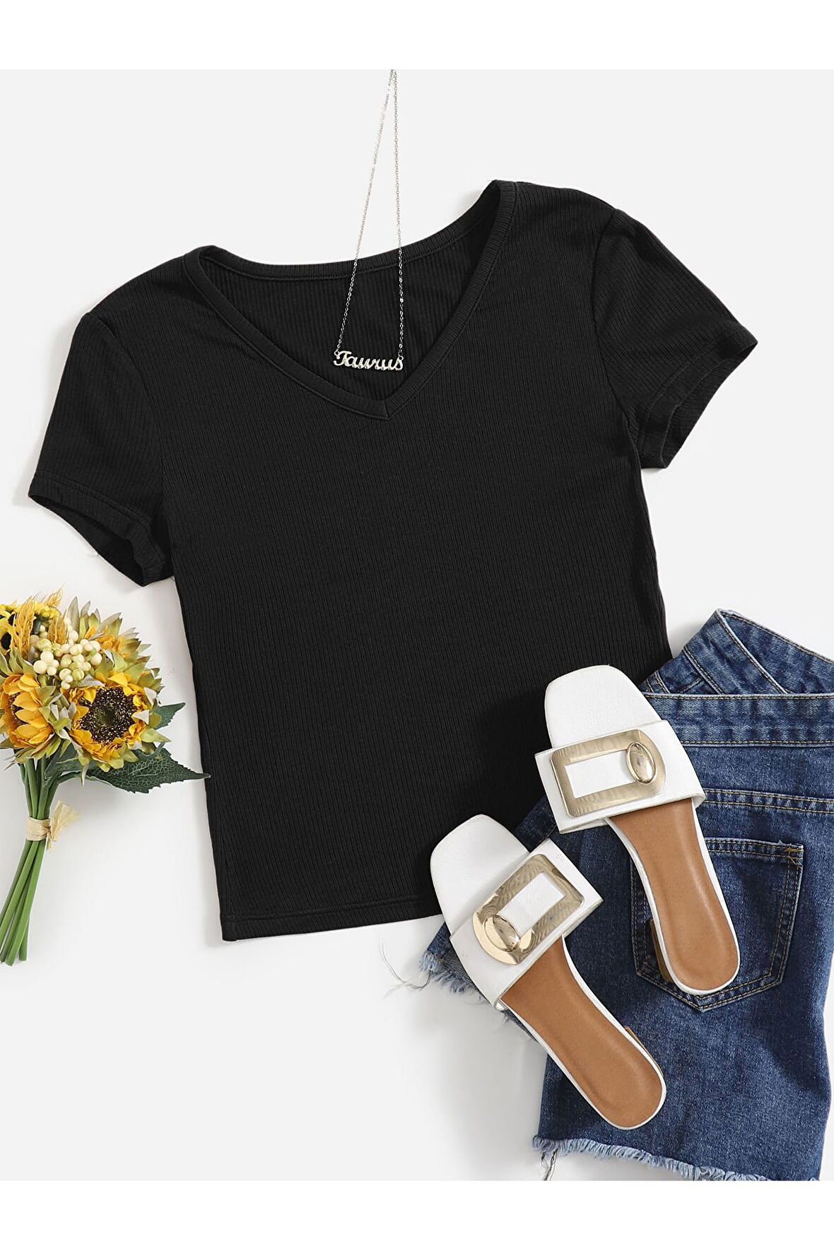 V Yaka Siyah Renk Fitilli Kısa Kollu Slim Fit Crop Top Bluz