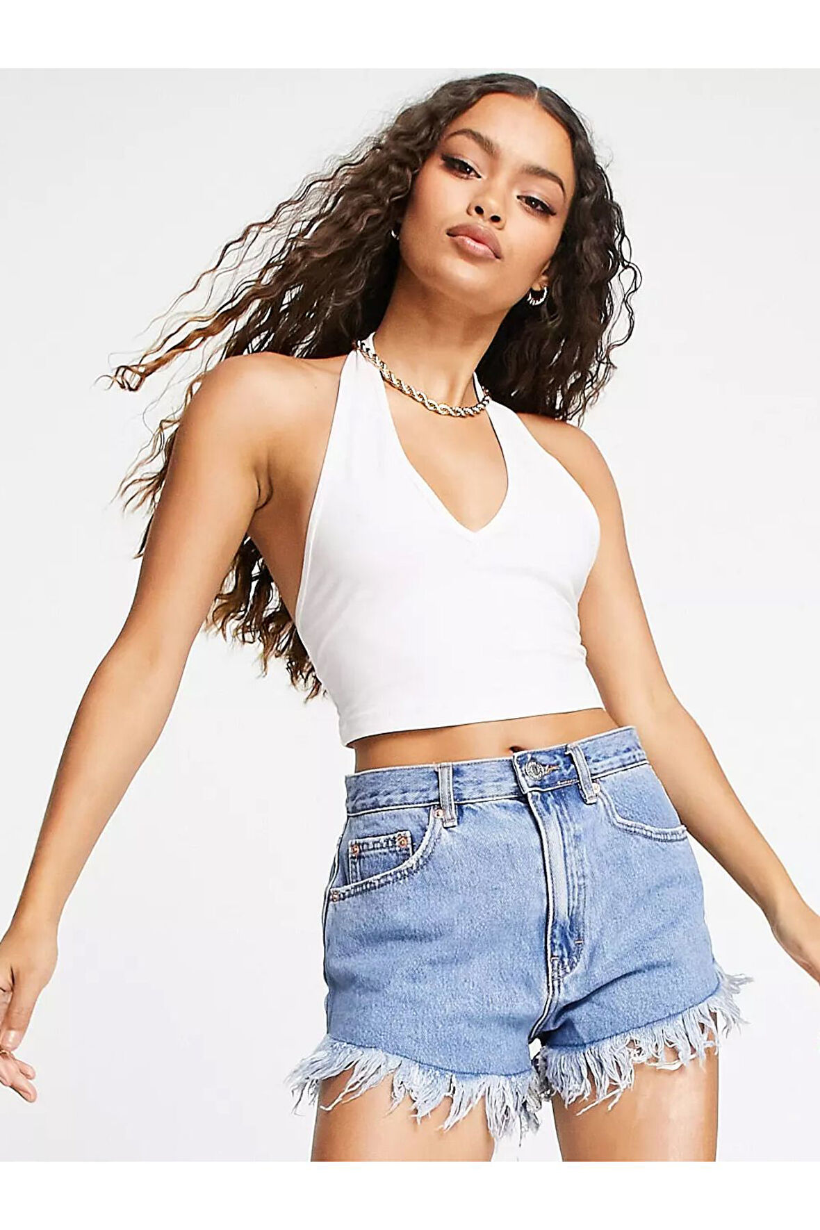 Kadın Boyun Askılı U Yaka Beyaz Crop Top Bluz