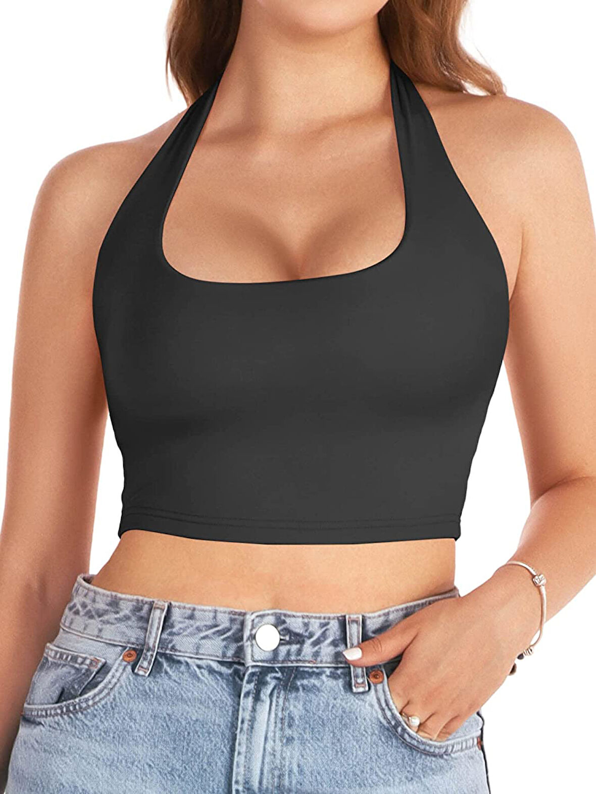 Liona Kadın Kare Yaka Siyah Renk Crop Top Bluz