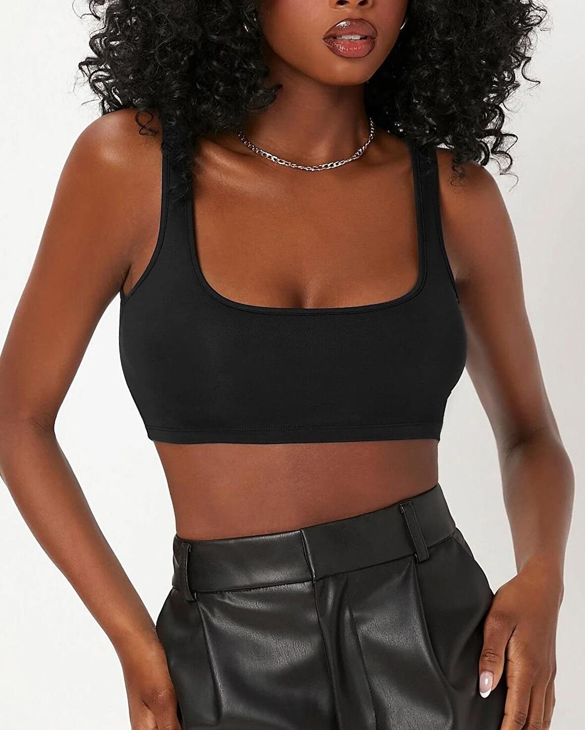 Liona Kadın Kare Yaka Siyah Slim Fit Mini Crop Top Bluz