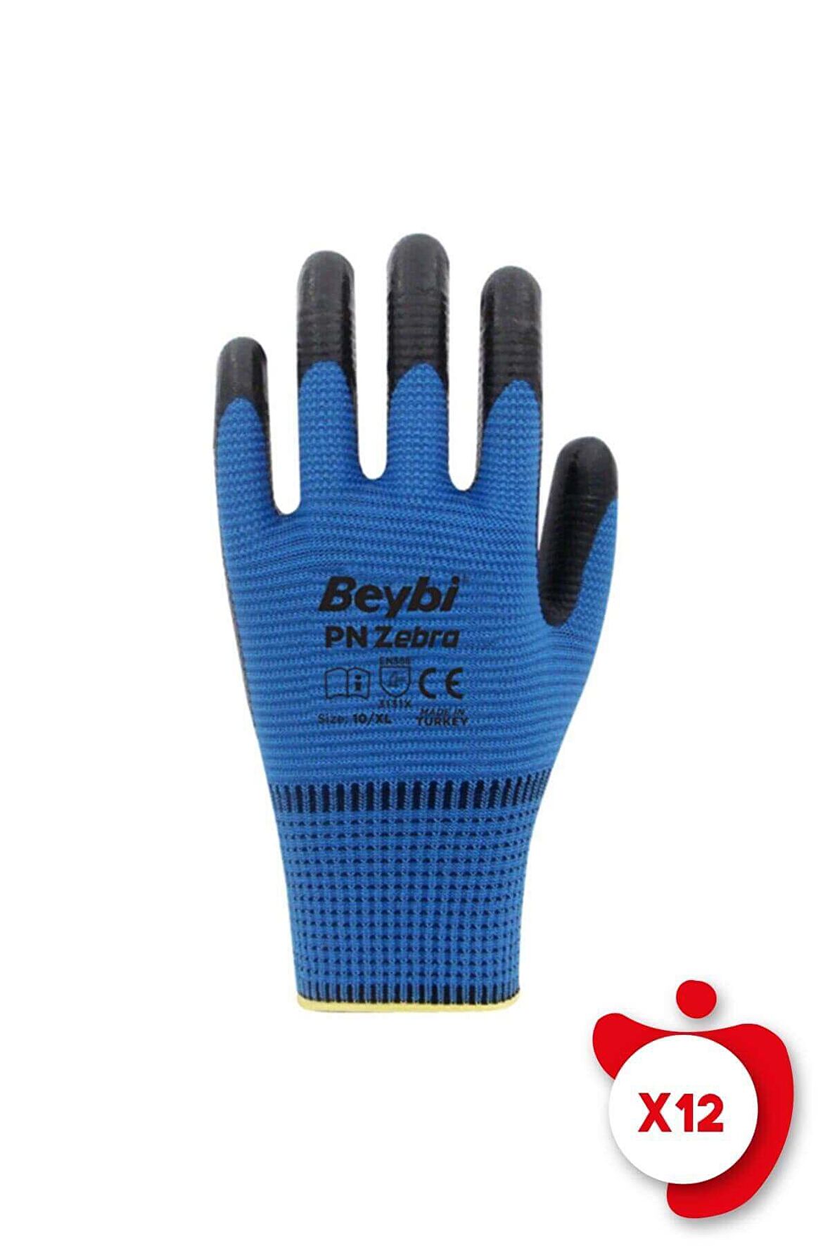 Beybi PN Zebra Mavi Polyester Örme Nitril İş Eldiveni 10 Beden 12 Çift