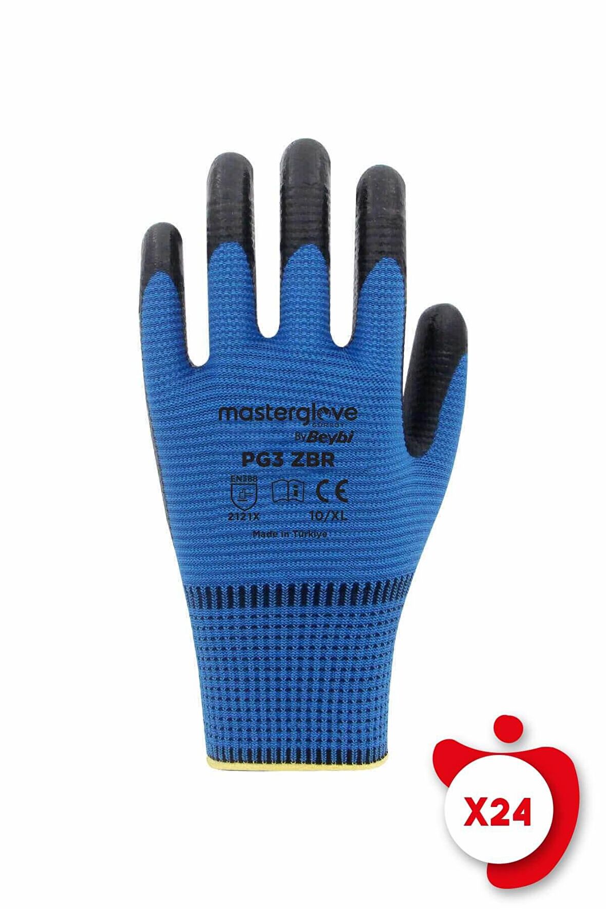 Master Glove PG3 Zebra Mavi Polyester Örme Nitril İş Eldiveni 10 Beden 24 Çift