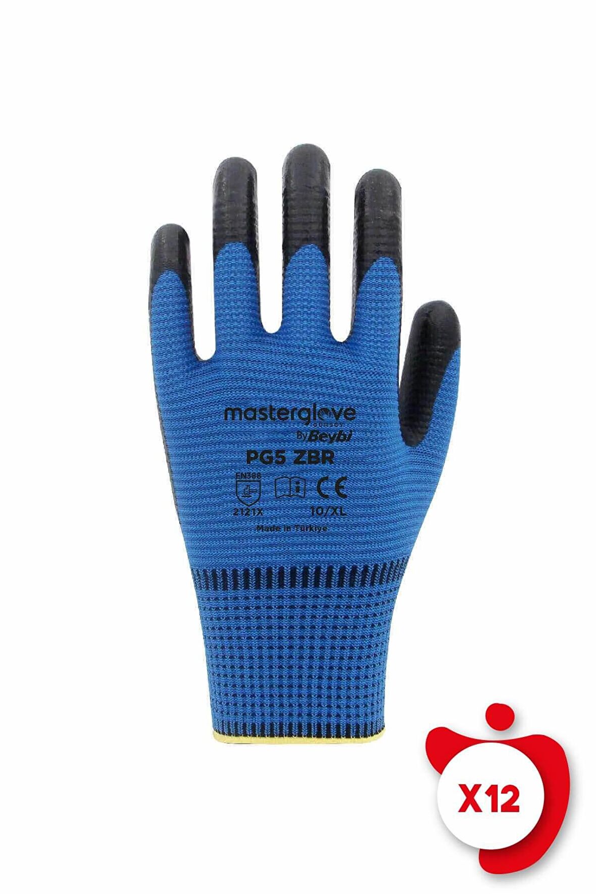 Master Glove PG5 Zebra Mavi Polyester Örme Nitril İş Eldiveni 10 Beden 12 Çift