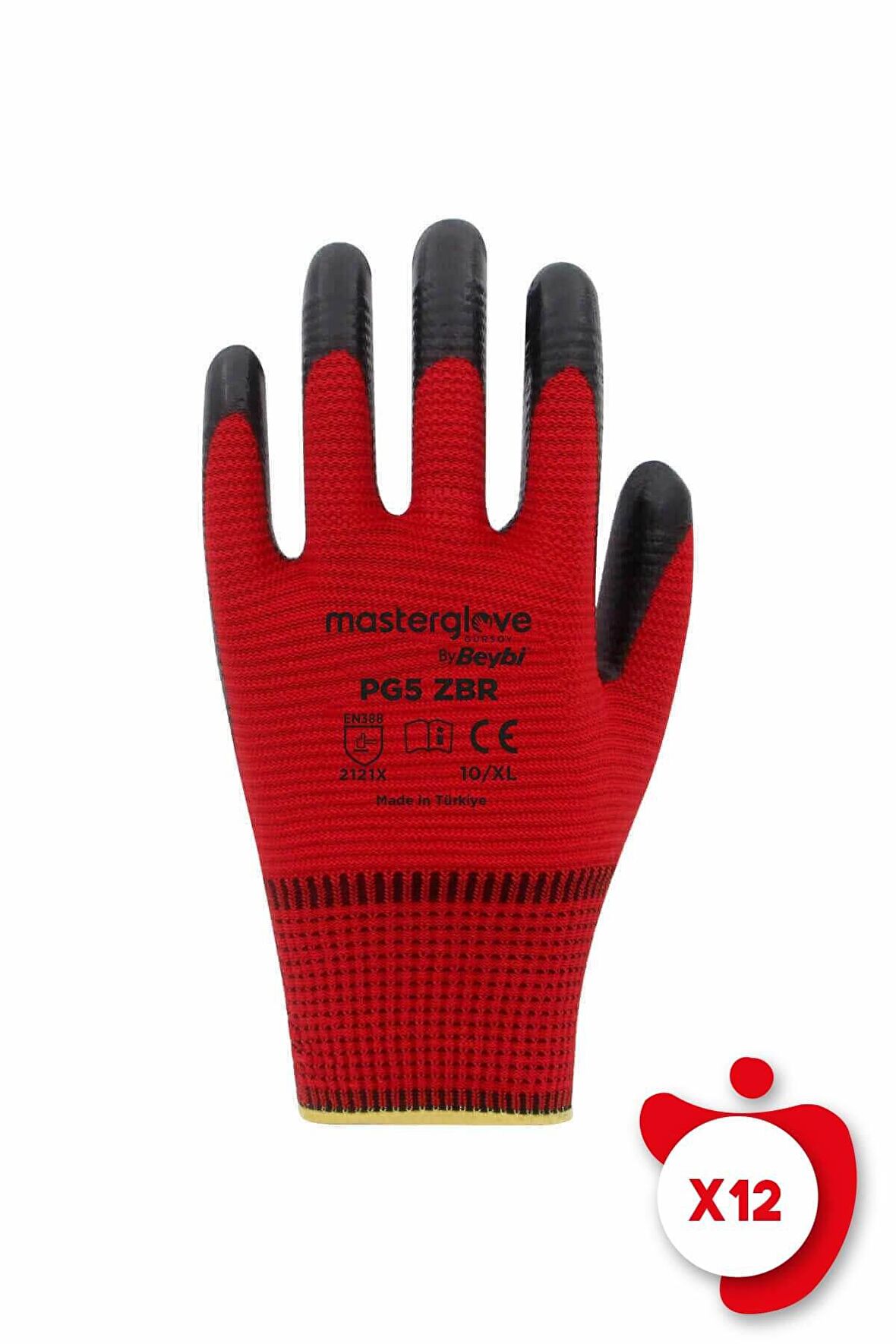 Master Glove PG5 Zebra Kırmızı Polyester Örme Nitril İş Eldiveni 10 Beden 12 Çift