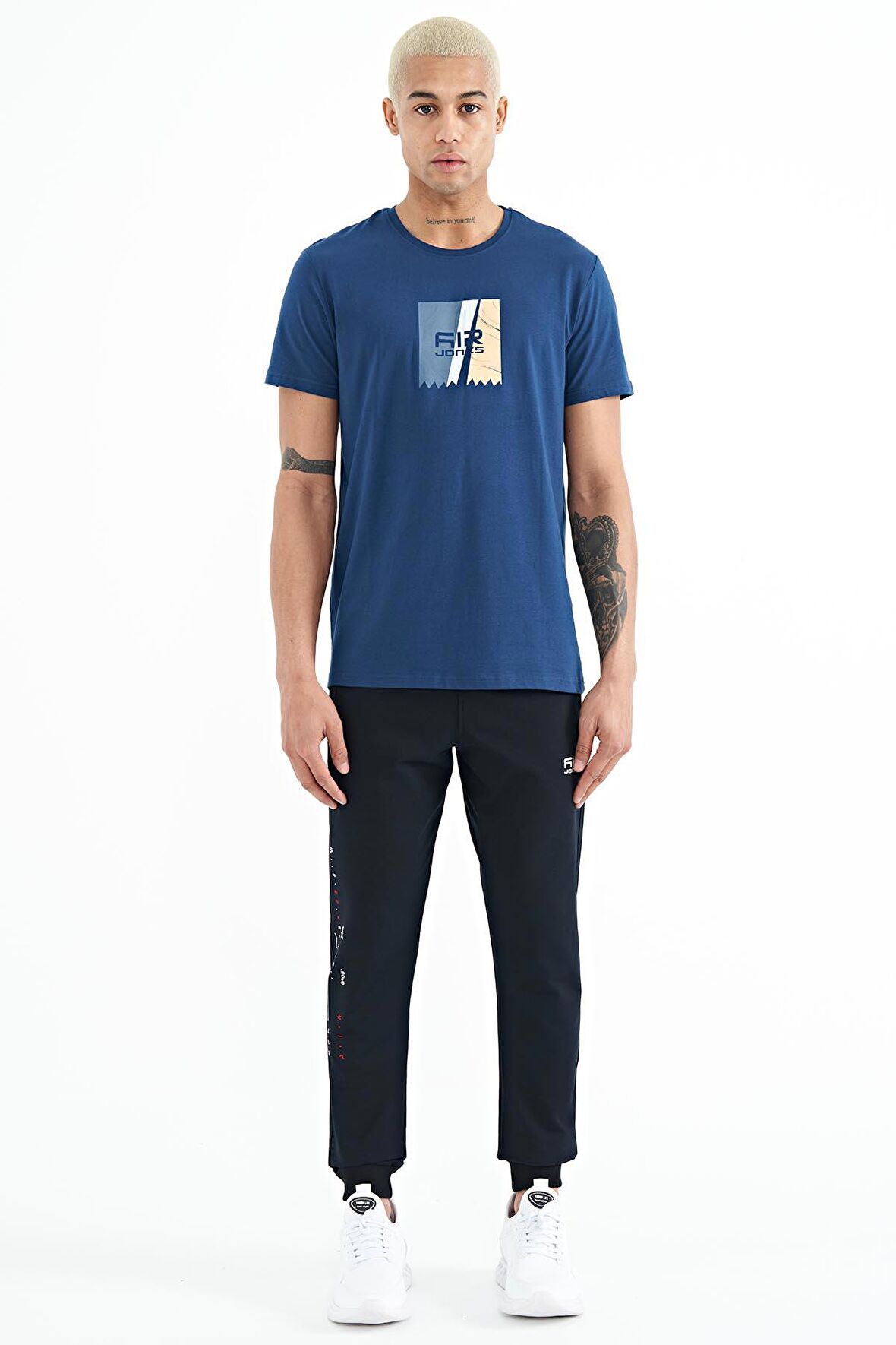 Lacivert Yazı Nakışlı Standart Kalıp Jogger Erkek Eşofman Alt - 84909 | S