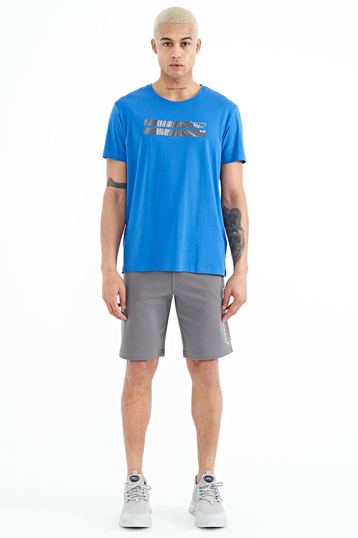 Koyu Gri Yan Baskılı Bağcıklı Standart Kalıp Erkek Şort - 81245 | S