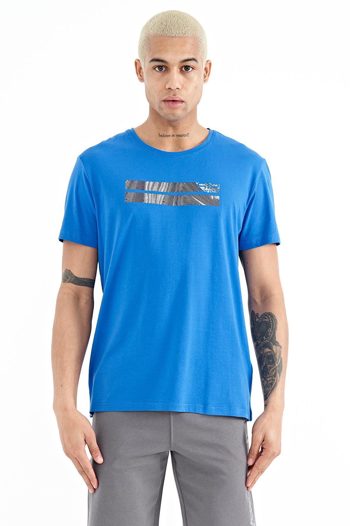 Saks Baskılı Standart Kalıp O Yaka Erkek T-Shirt - 88204 | XXL