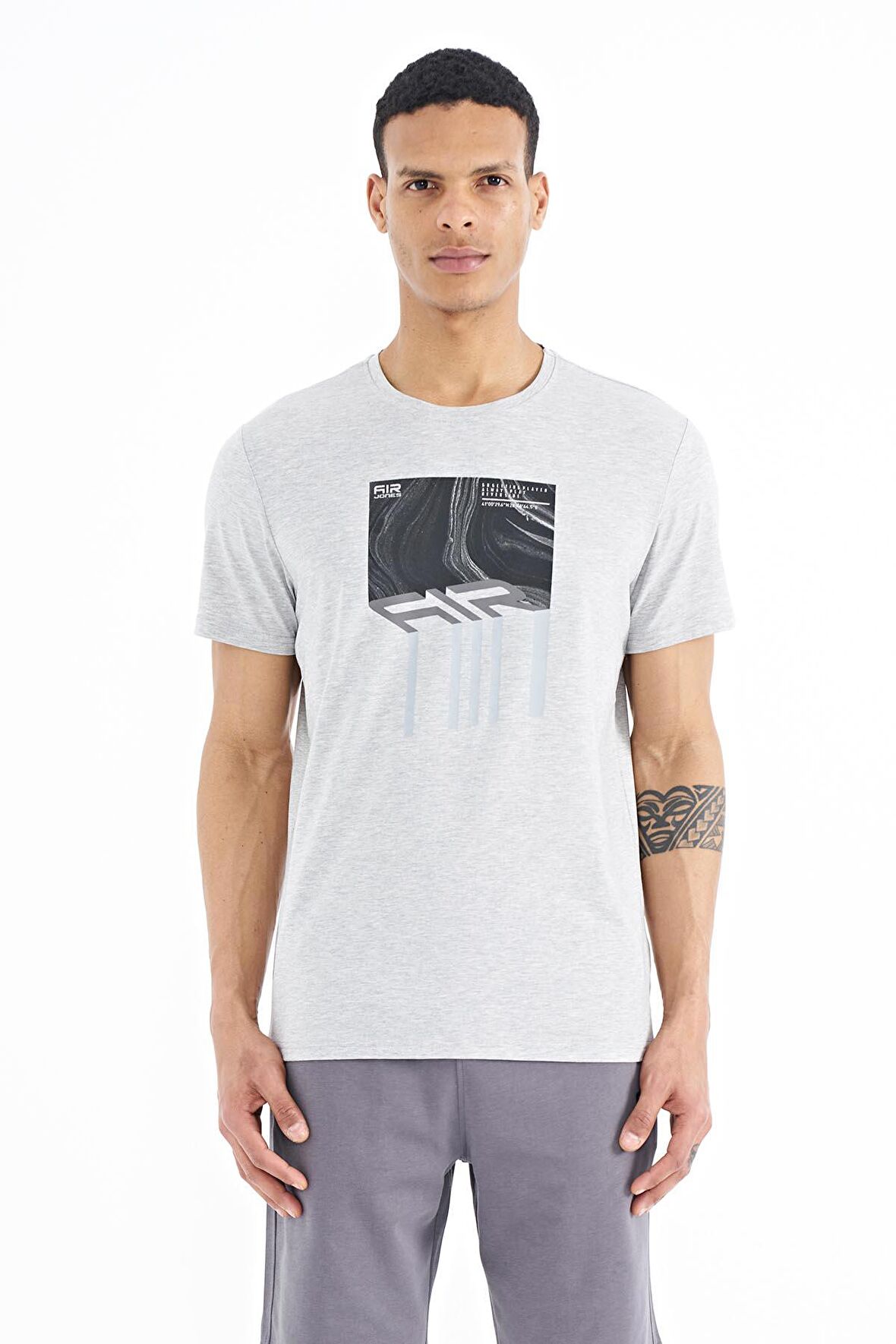 Gri Melanj Ön Baskı Detaylı Standart Kalıp O Yaka Erkek T-Shirt - 88202 | L