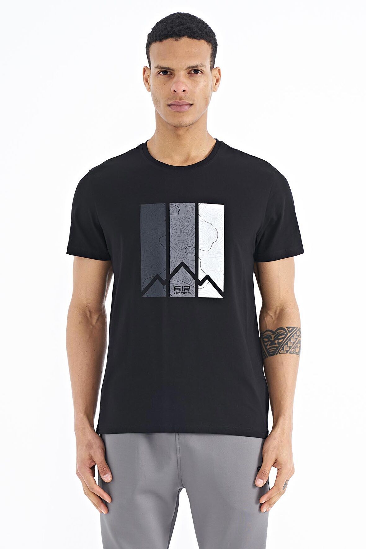Siyah Baskı Detaylı O Yaka Standart Kalıp Erkek T-shirt - 88211 | M