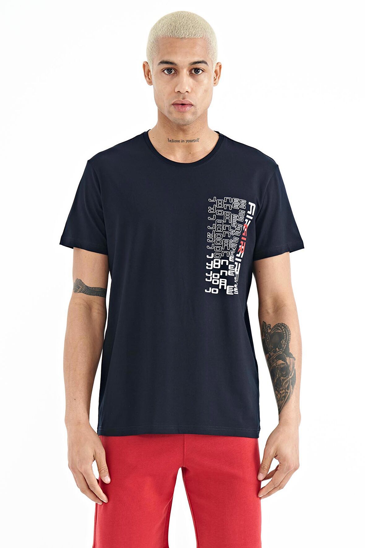 Lacivert Minimal Yazı Baskılı O Yaka Standart Kalıp Erkek T-Shirt - 88208 | XL