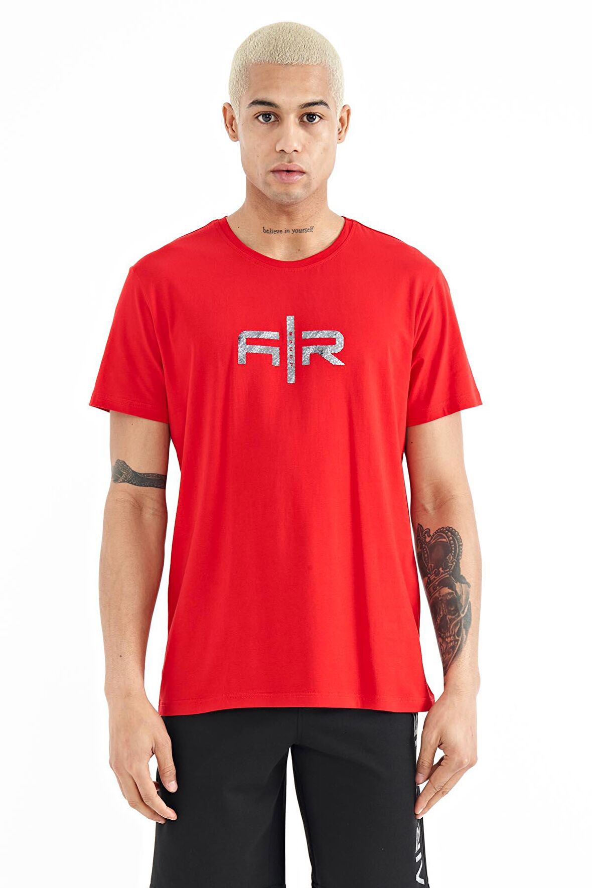 Kırmızı Yazı Baskılı O Yaka Standart Kalıp Erkek T-Shirt - 88206 | XXL