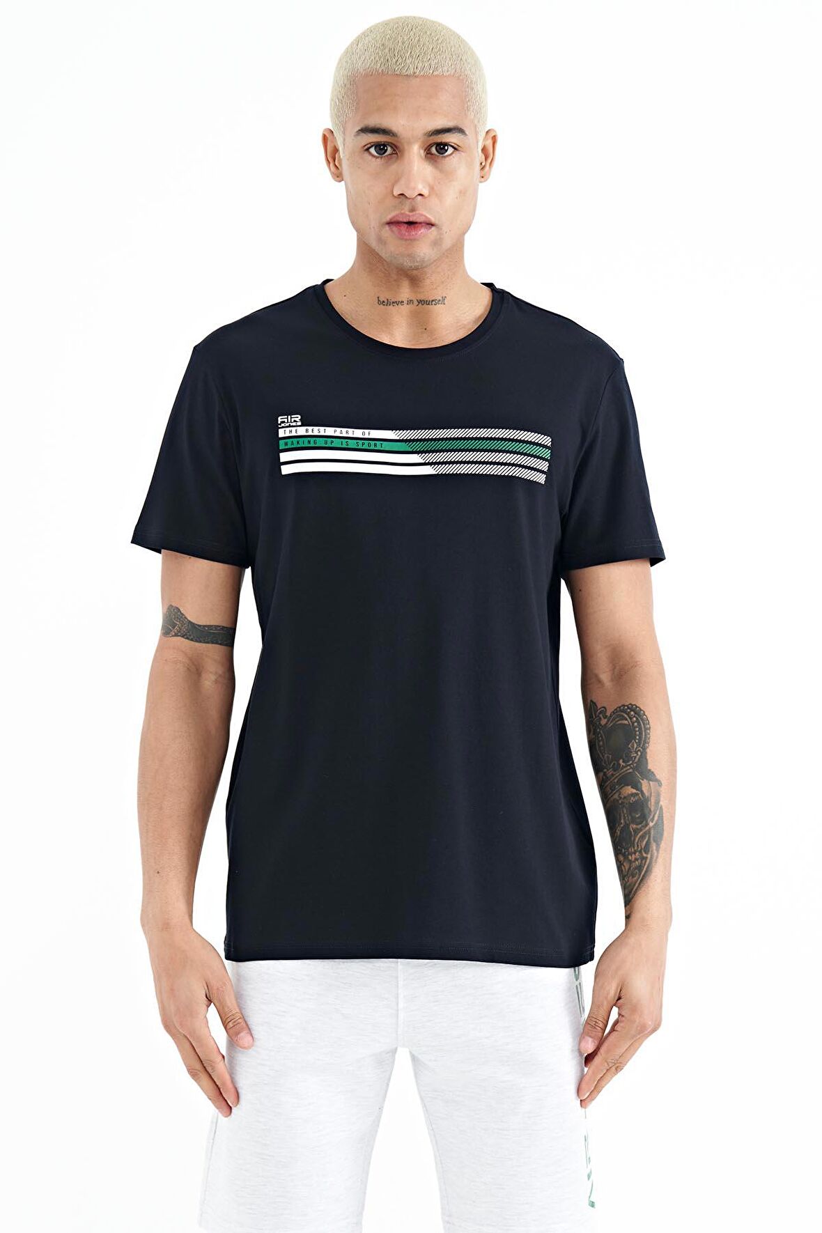 Lacivert Baskı Detaylı O Yaka Standart Kalıp Erkek T-Shirt - 88229 | XXL