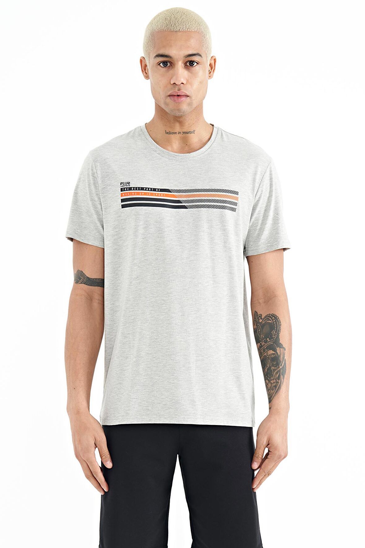 Gri Melanj Baskı Detaylı O Yaka Standart Kalıp Erkek T-Shirt - 88229 | L